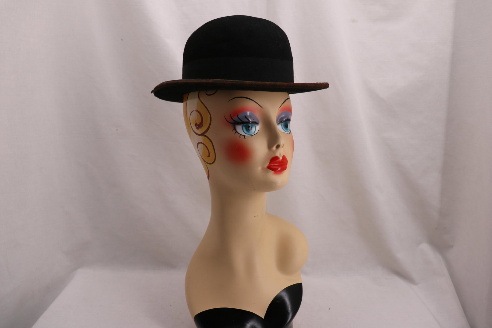 Antique Bowler Hat, 6 5/8: felt with black ribbon band, some wear to edge
