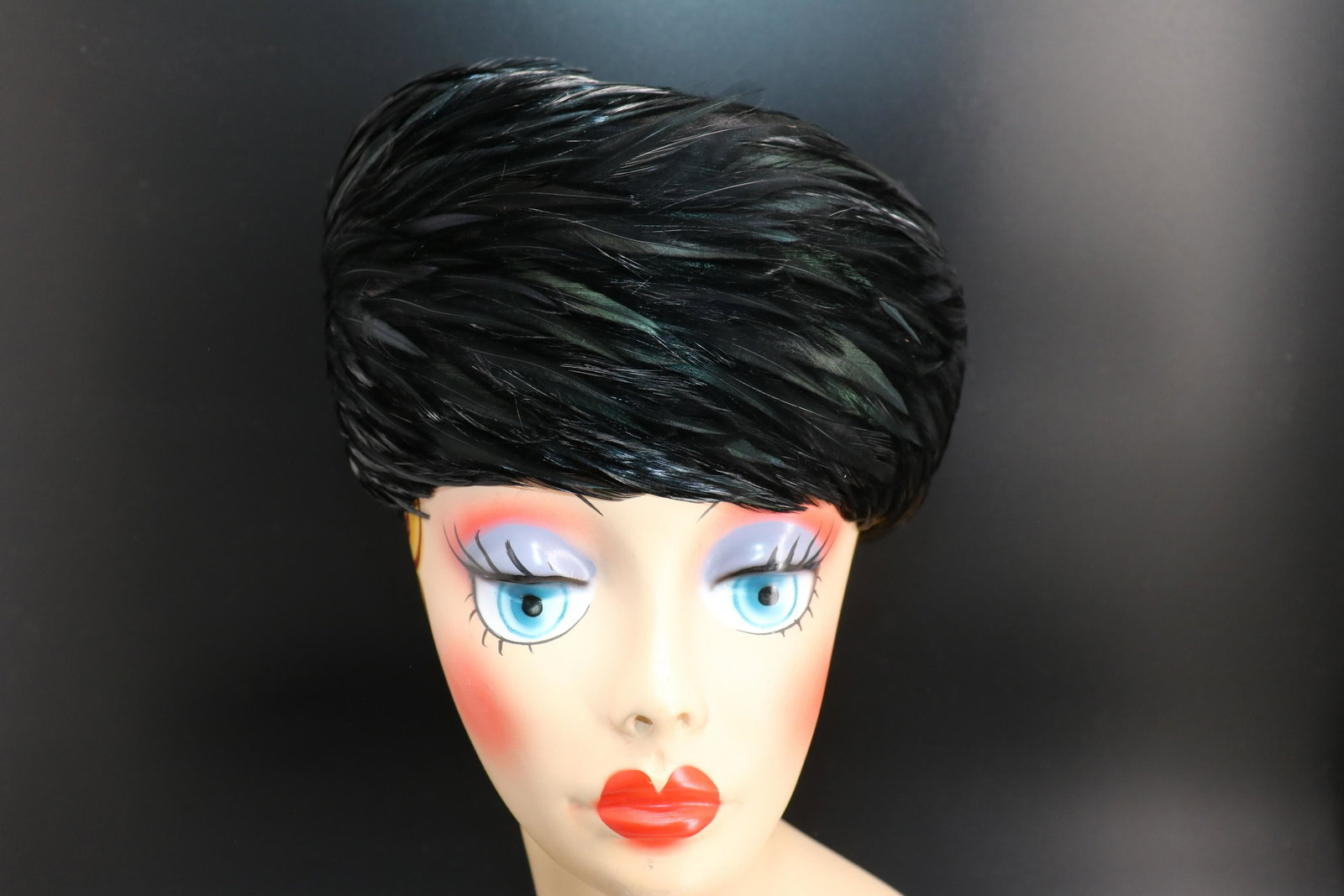 Vintage Gay Paree Original Ladies Feather: from Pariseau's of Manchester NH, black feathers with hits, of blue and green, great hat