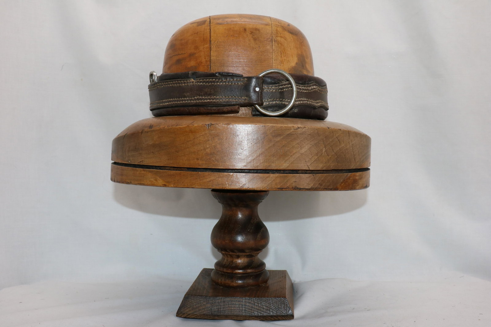 Antique Bowler Hat Form, W. Plant & Sons: size 7 5/8, W. plant & Sons, antique form with leather strap for detail, mounted on modern base, approx. 15 inches tall