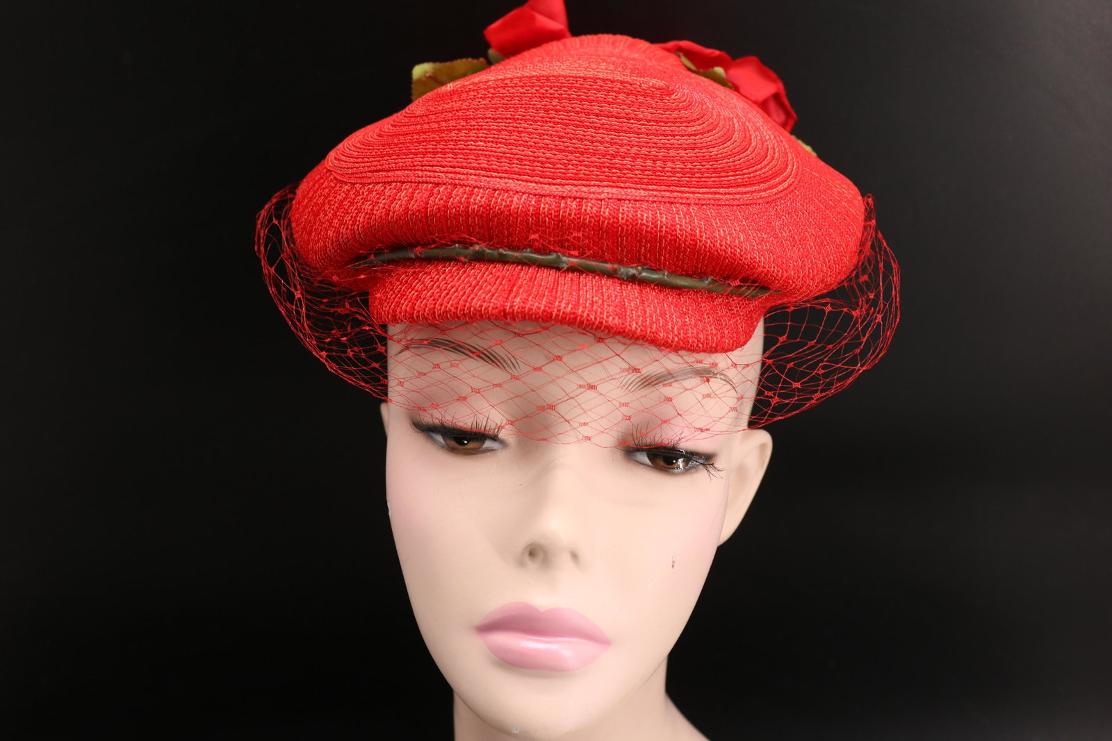Vintage La Rose Hat with Silk Roses: sweet red wicker braid green vine detail and silk roses, original red netting intacked