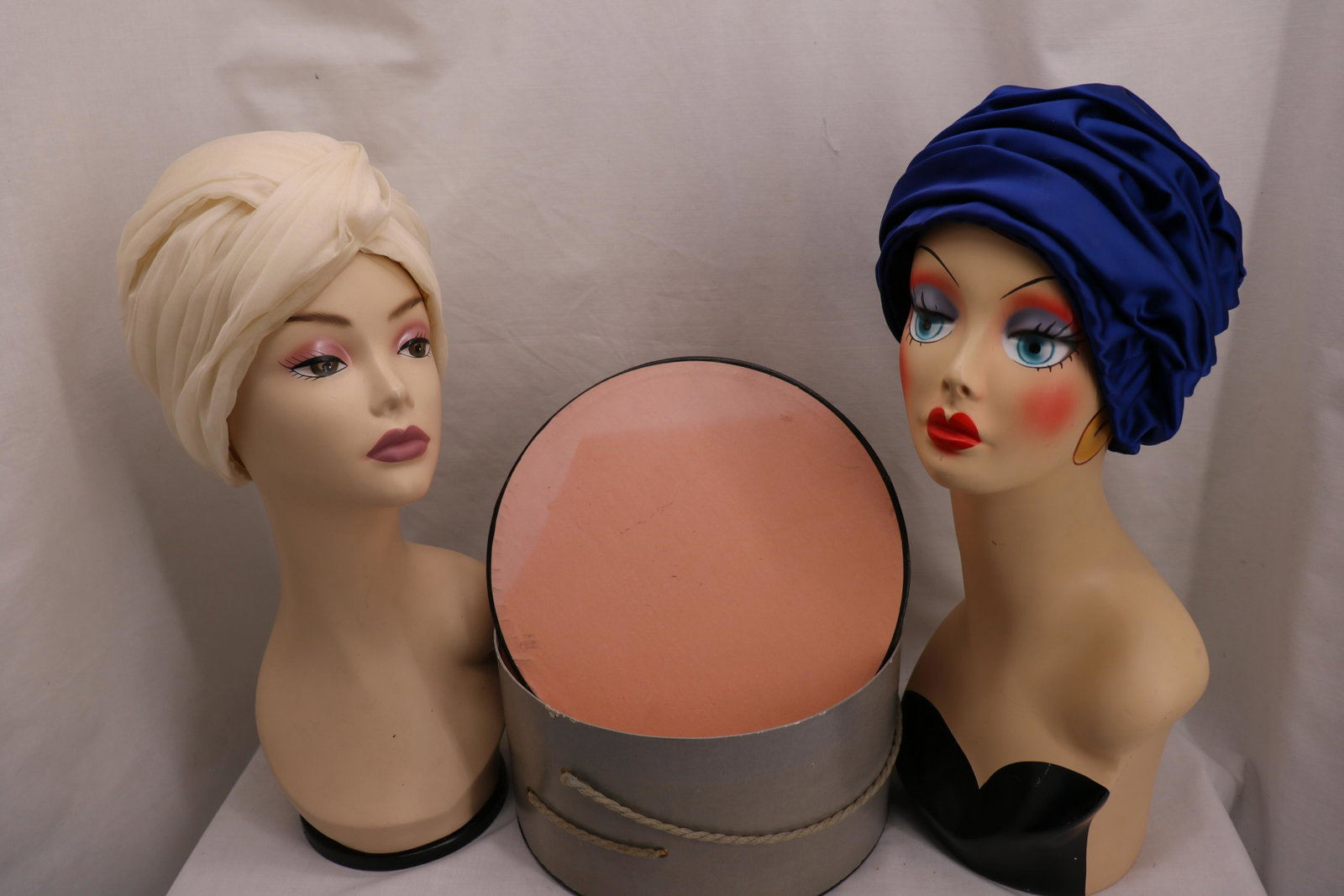 Pair Vintage 1960's Turban's, Silk & Satin: white silk original Mr Stanley, Blue Satin from Jordan Marsh