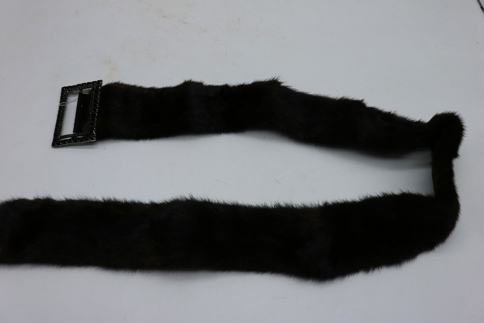 Vintage Mink Belt With Silver Tone Buckle: Buckle has many black stones. Adjustable, in very good condition.