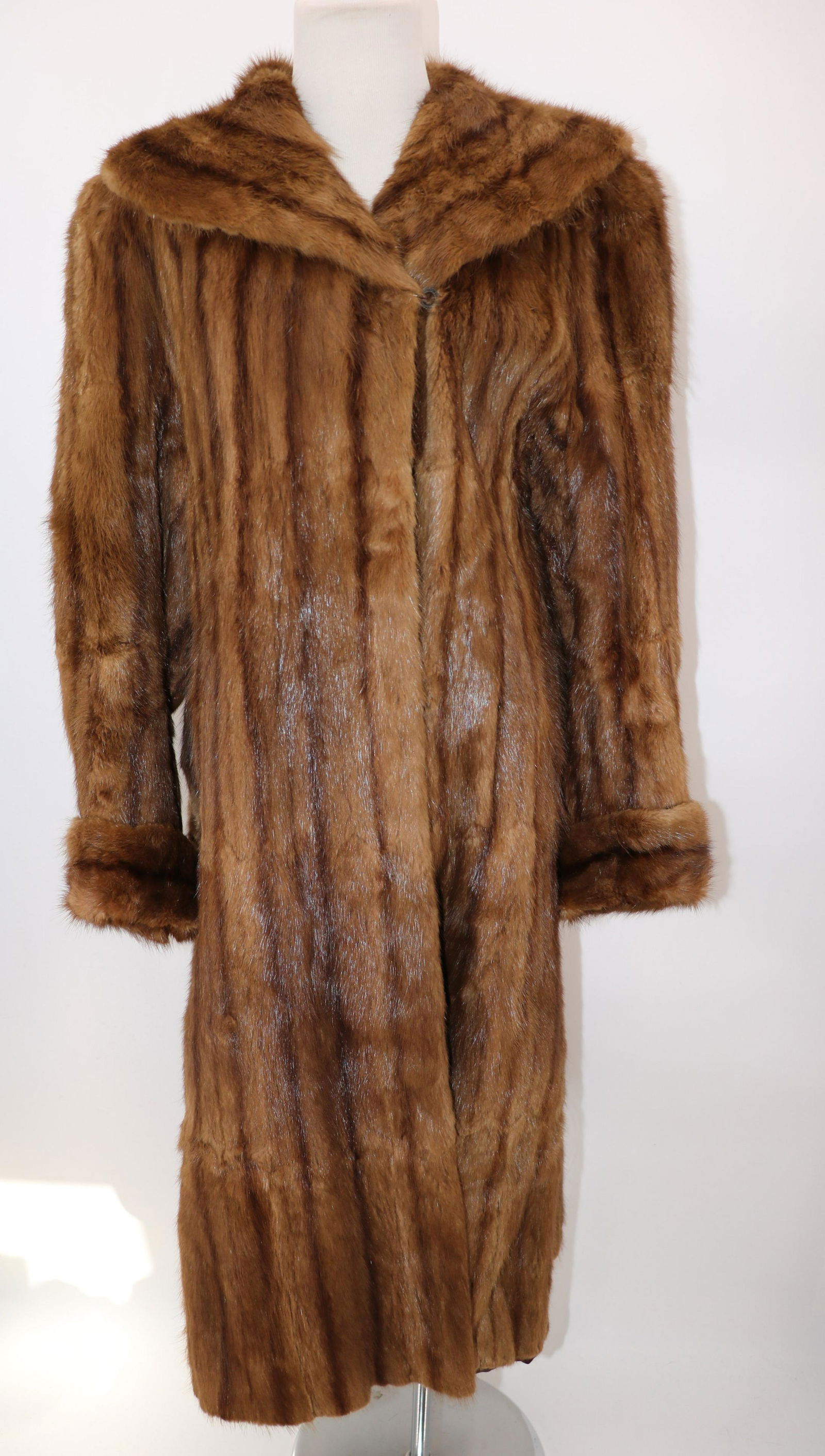 Vintage 1950/60 Full Length Mink Coat by Bon Ton: shawl collar eye hooks closes to left, long roll over cuff sleeves, needs repair under right arm, approx. 38 bust