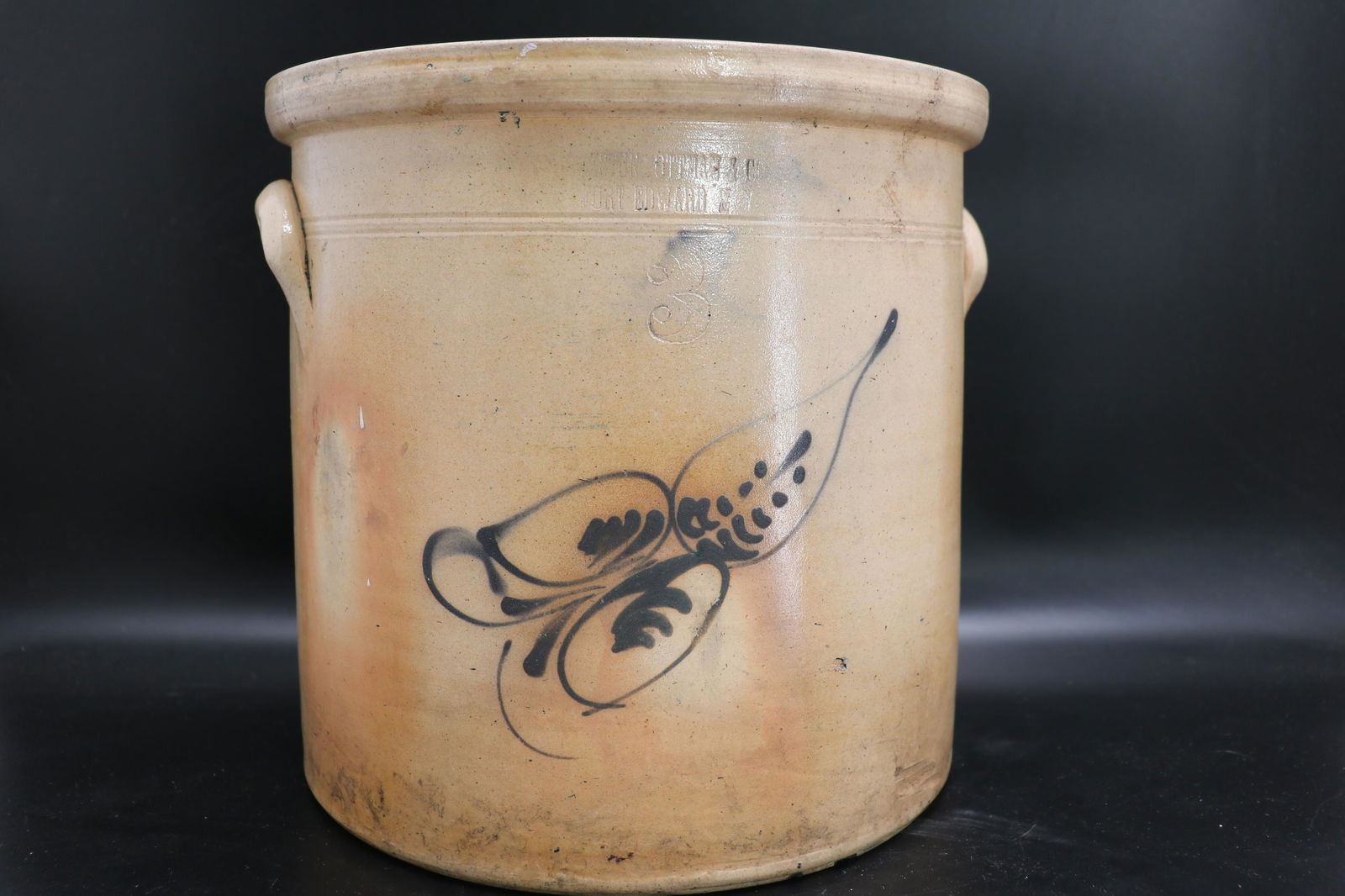 Haxton Ottman & Co. Fort Edward NY, 3 Gallon Crock: Three-Gallon Stoneware Crock with Cobalt Decoration, Stamped "HAXSTUN, OTTMAN & CO. / FORT EDWARD, N.Y.", circa 1870, cylindrical crock with tooled shoulder, semi-rounded rim, and applied lug handles,