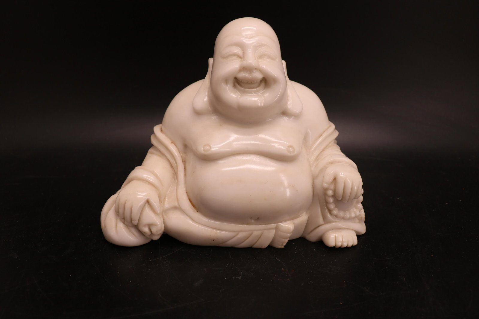 Vintage Carved Alabaster Seated Laughing Buddha: great detail, approx. 6 1/2 inches tall