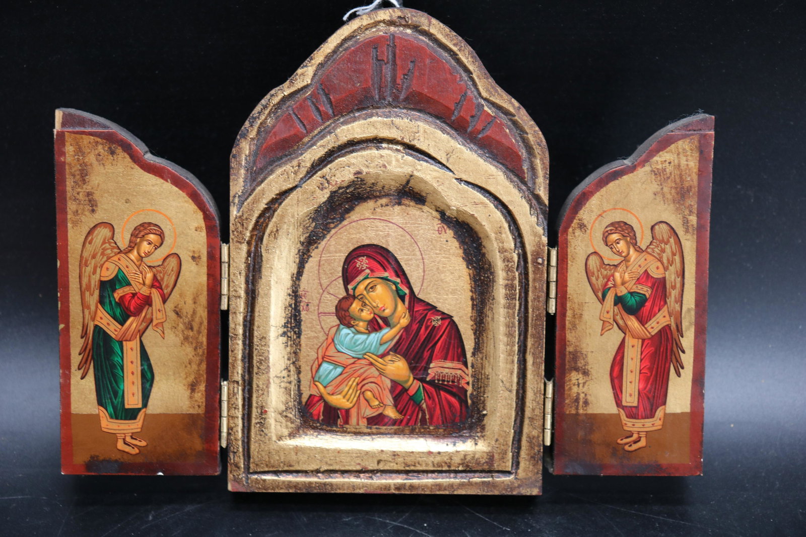 Wood Icon, 3 section: hangs or table top, reproduction of old Byzantine icon work on canvas, approx. 6 tall, 7 3/4 inches wide