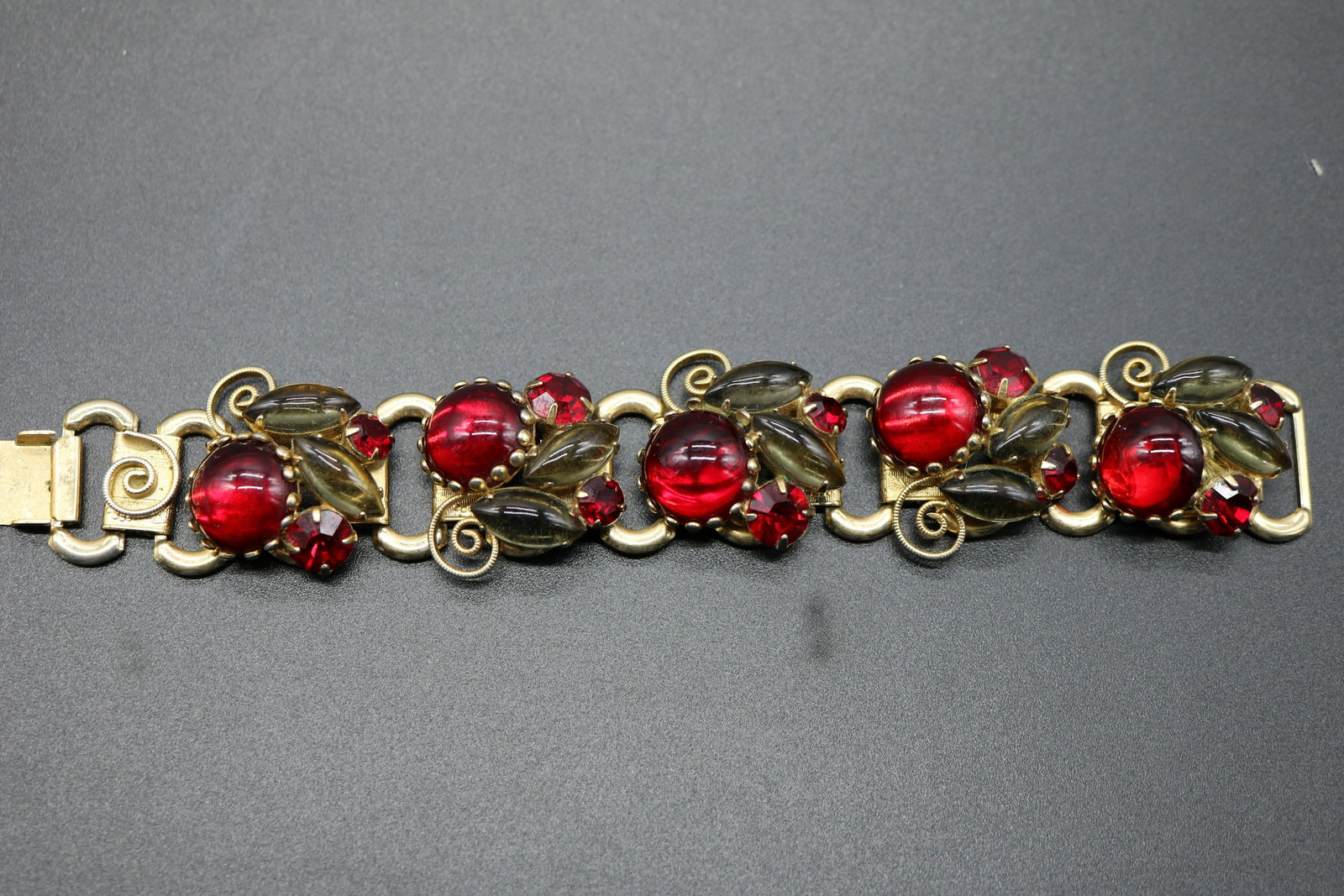 Vintage Glass Bead Floral Tennis Bracelet: gold tone frame with large red and green glass beads, approx. 1 inch wide