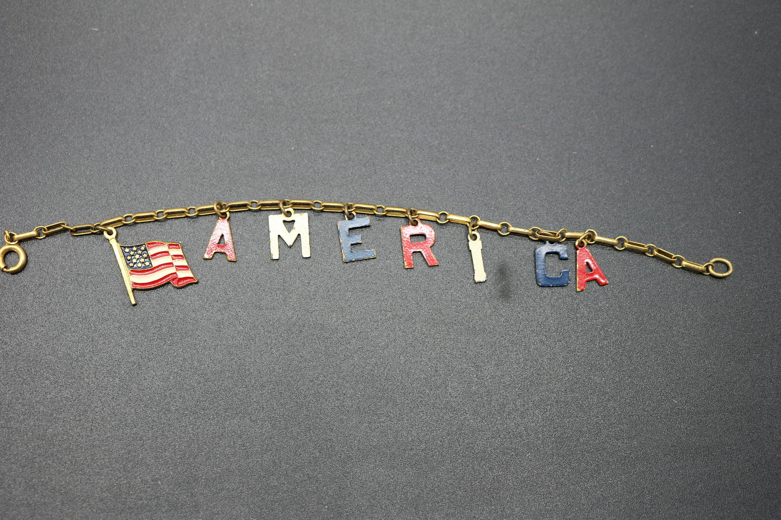Vintage Enamel Linked Bracelet, "America" with Flag (1 of 3)