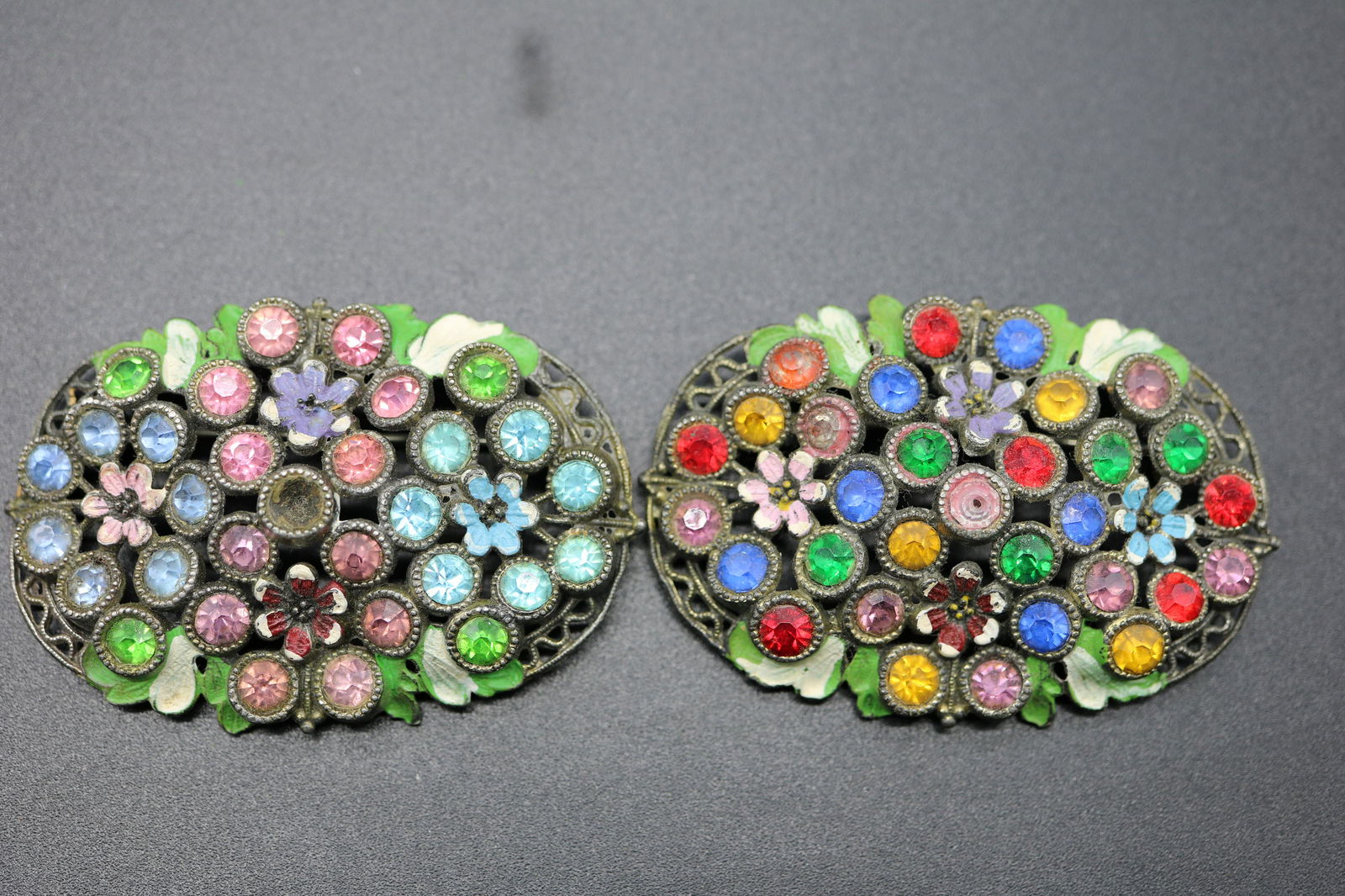 Pair Vintage Colored Rhinestone Floral Brooches (1 of 5)