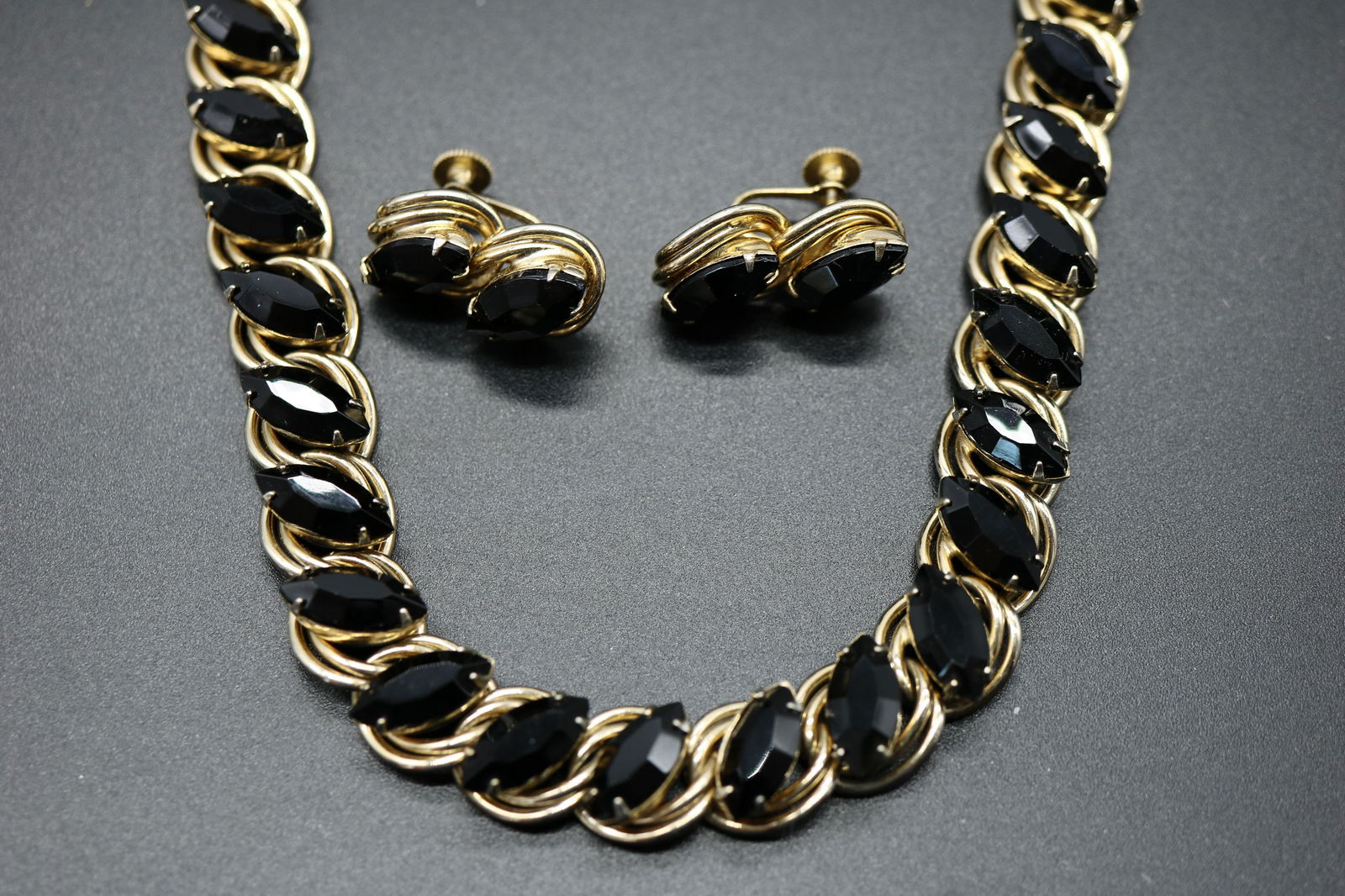 Vintage Gold Tone & Black Jet Necklace & Earring set (1 of 5)