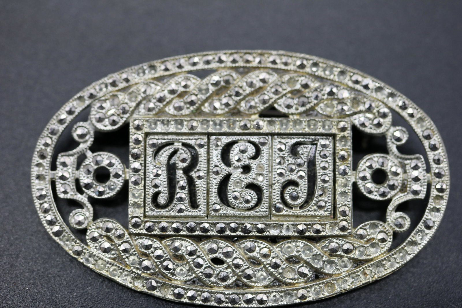 Vintage Marcasite Brooch with Initials "REJ": oval marcasite brooch approx. 2 /38 x 1 1/2