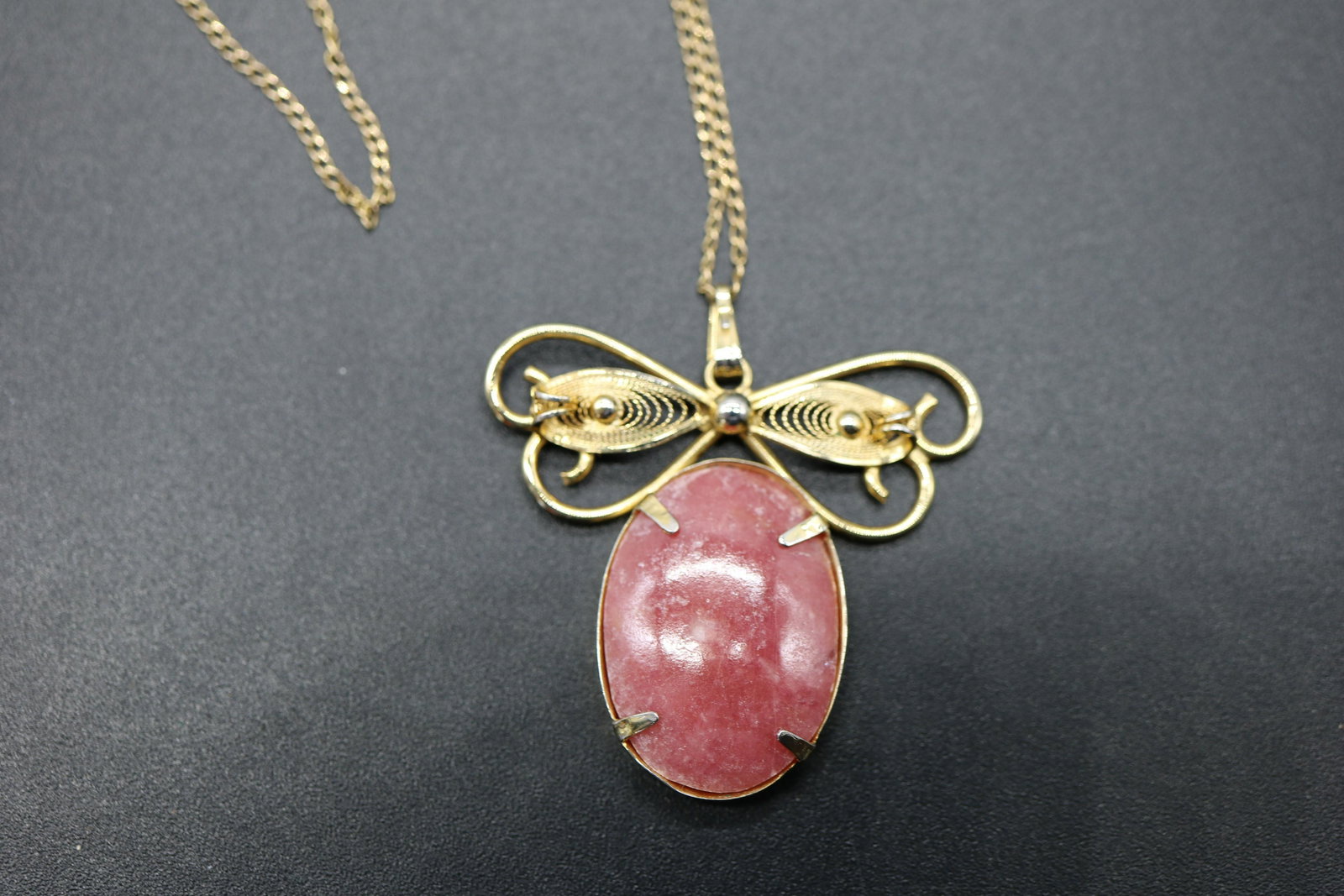 Vintage Signed Sorrento GF Necklace with Rhodnite: butterfly shaped pendant 1/20- 12k gf pendant with rhodnite stone center and 16 inch gold tone chain included