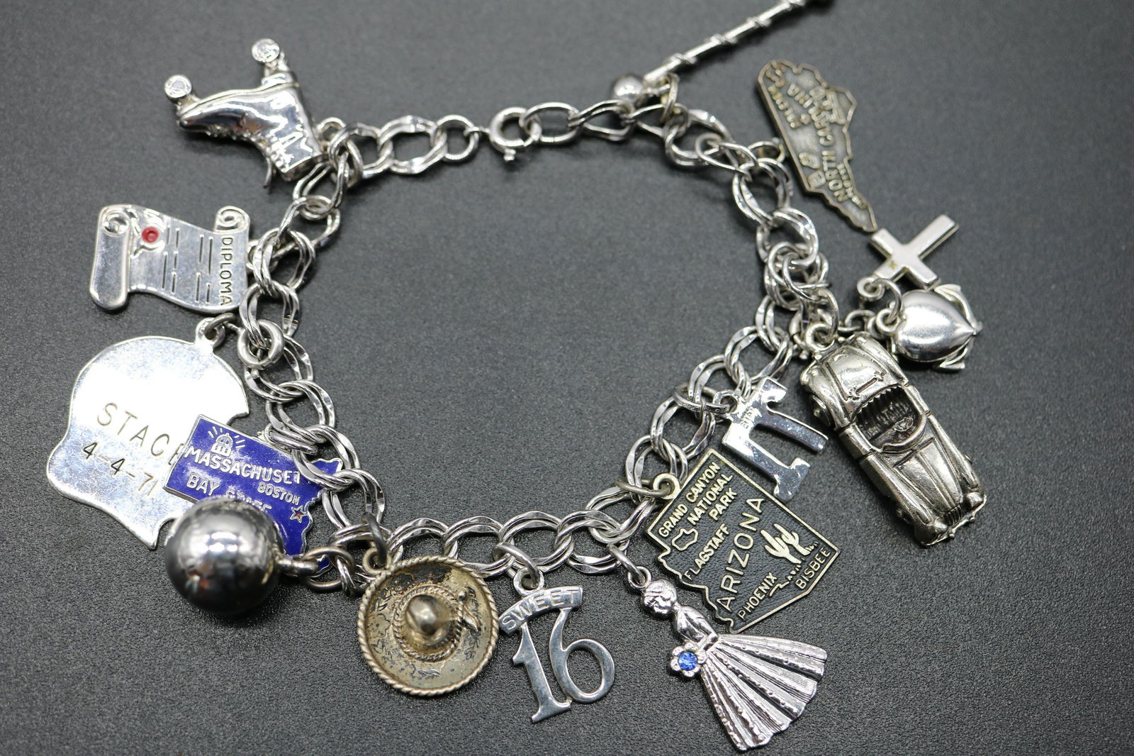 Vintage Sterling Charm Bracelet with 14 Sterling Charms (1 of 5)