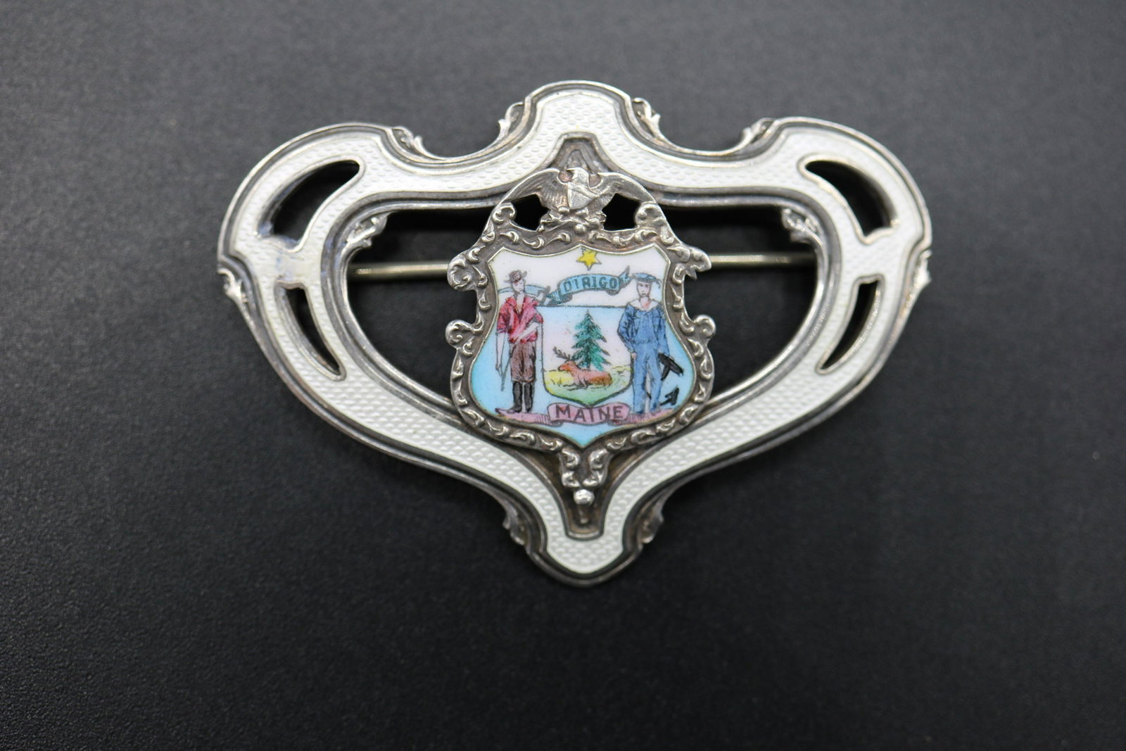 Antique Sterling Watson Dirigo Maine Enameled Brooch: hand painted enamel center with white enamel frame, sterling silver, approx. 2 3/8 x 1 3/4
