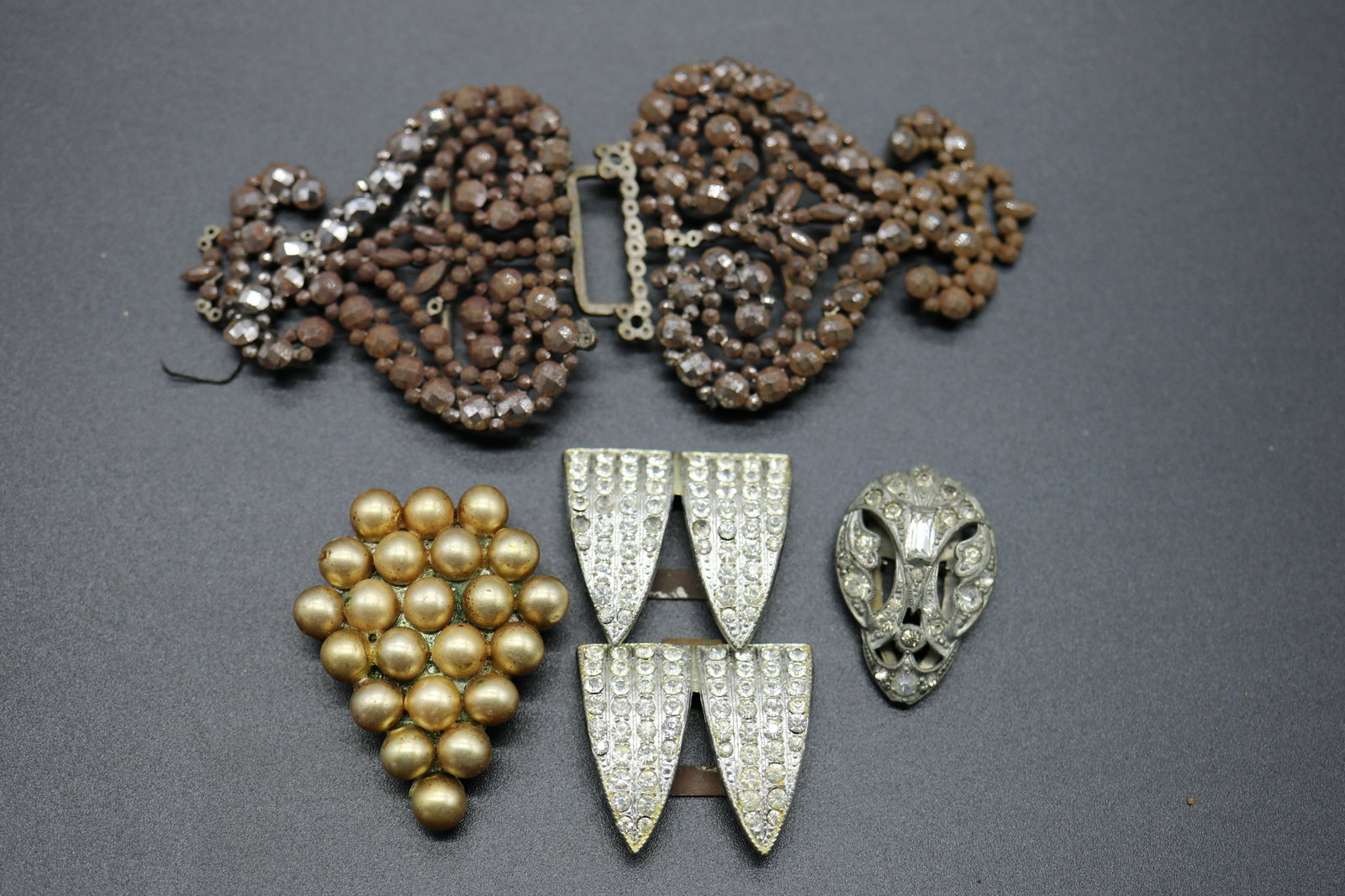 Lot of Antique Buckles & Shoe/Dress Clips: pearl grape bunch clip, rhinestone clip, large marcasite buckle (damaged and rusty), rhinestone buckle