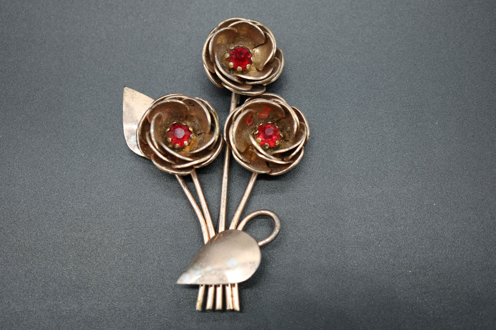 Vintage Sterling Silver Flower Brooch with Red Stones (1 of 4)