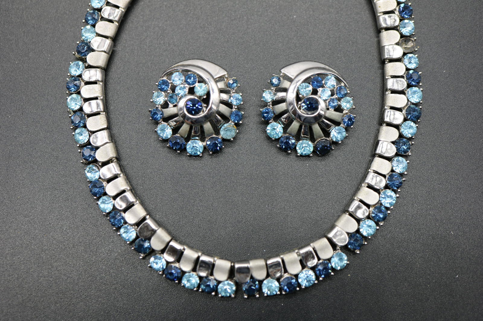 Vintage Trifari Blue Rhinestone Necklace & Earring Set (1 of 6)