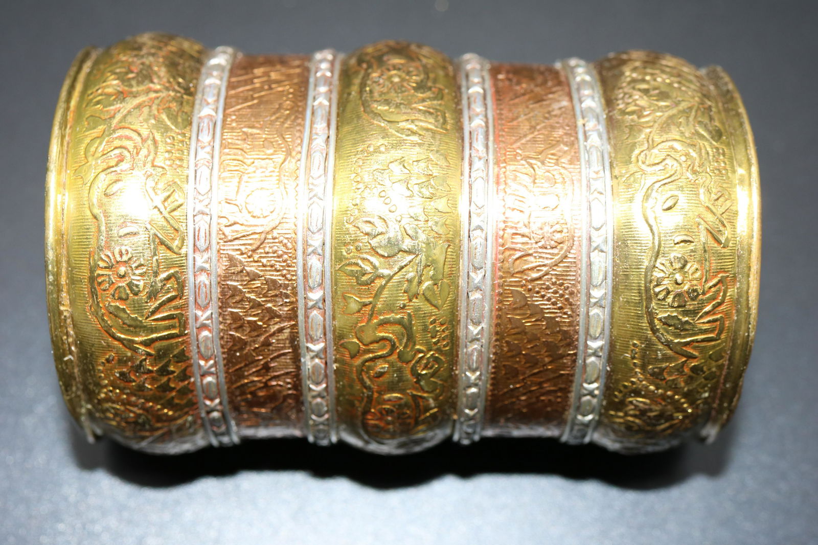 Large Vintage Etched  Brass, Copper, Silver Tone Cuff (1 of 5)