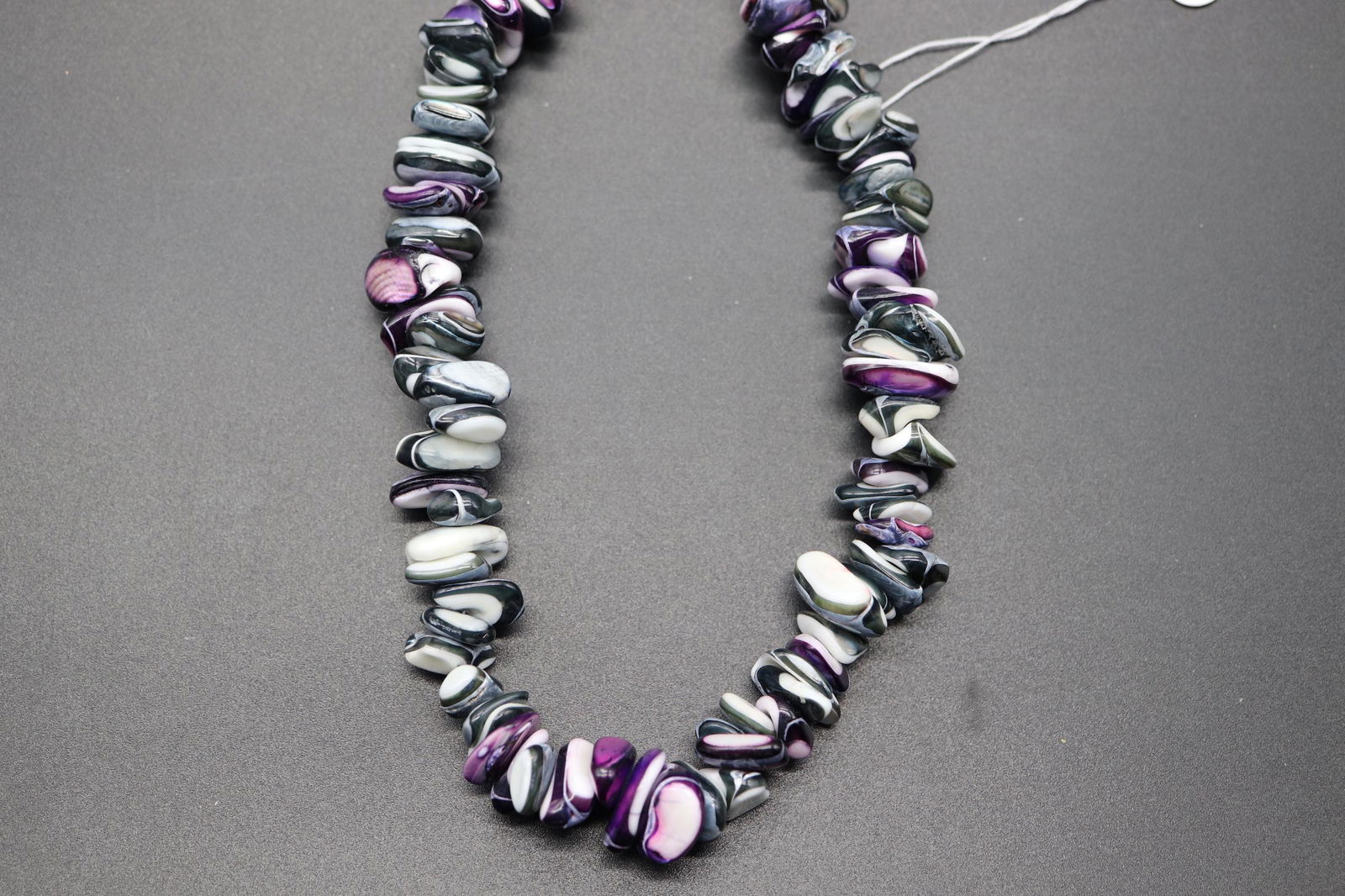 Vintage Art Glass Chunk Necklace: purples and white art glass chunks, with hook clasp, approx. 16 inches long