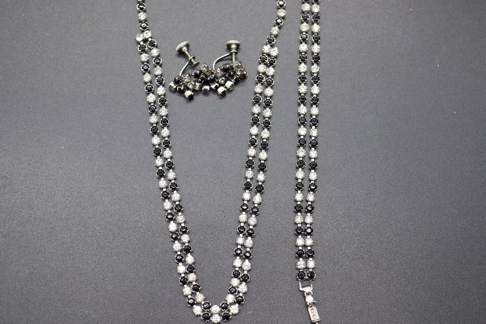 Vintage Black Jet & Rhinestone Necklace, Bracelet &: double tennis bracelet, , and screw on earrings with clear rhinestones and black jet stones, in silver tone setting