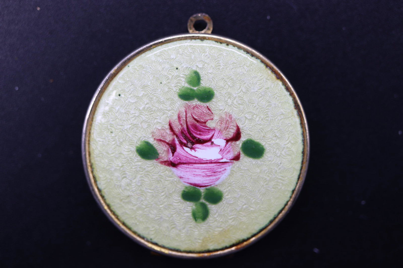 Vintage Hand Painted Enamel Locket: gold tone with yellow enamel and hand painted rose, approx. 1 1/2 inches