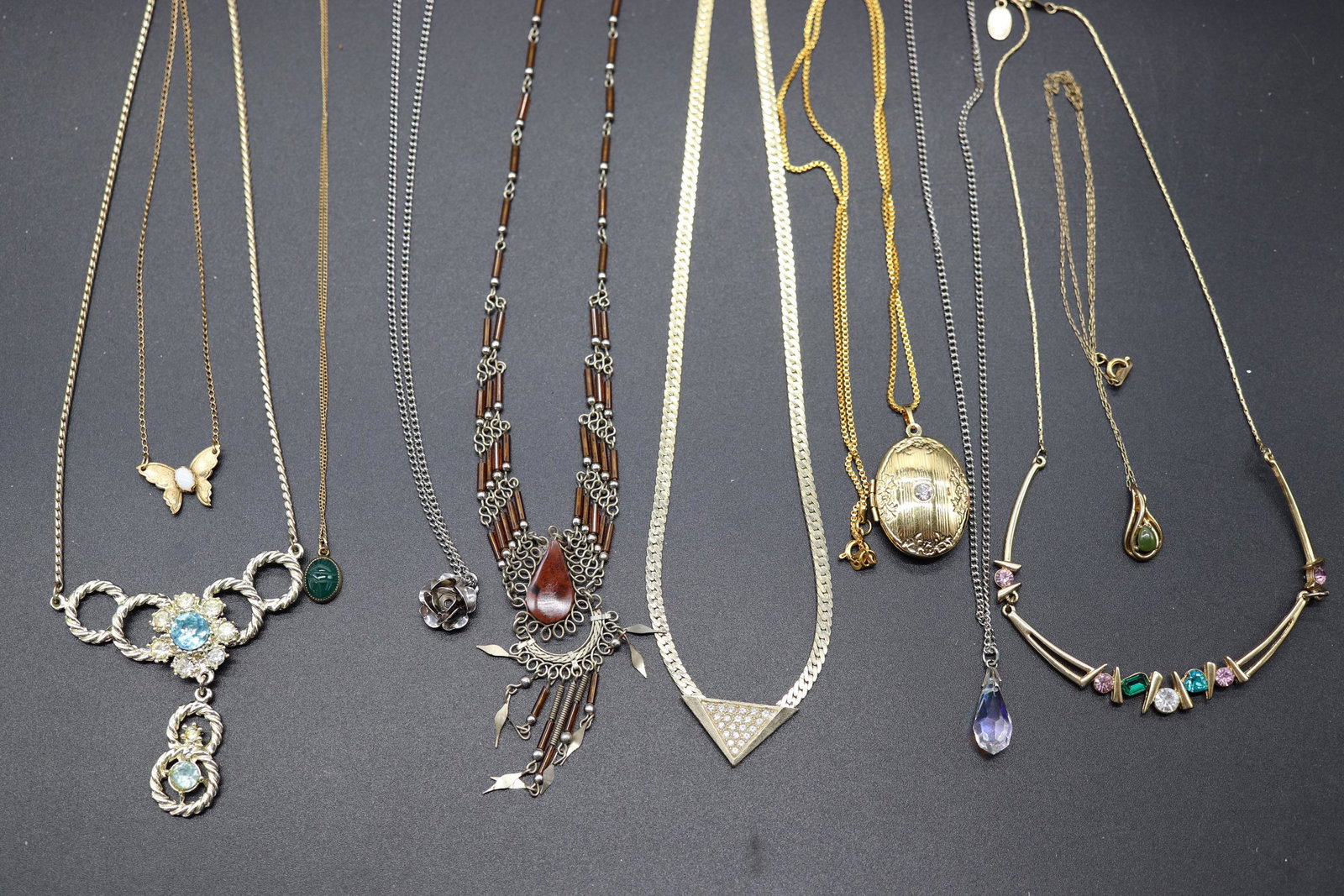 Lot of 8 Vintage Necklaces & Pendants: locket necklace with rhinestone, parklane bib style with colored crystal rhinestones, gold filled, scarab, rose and other