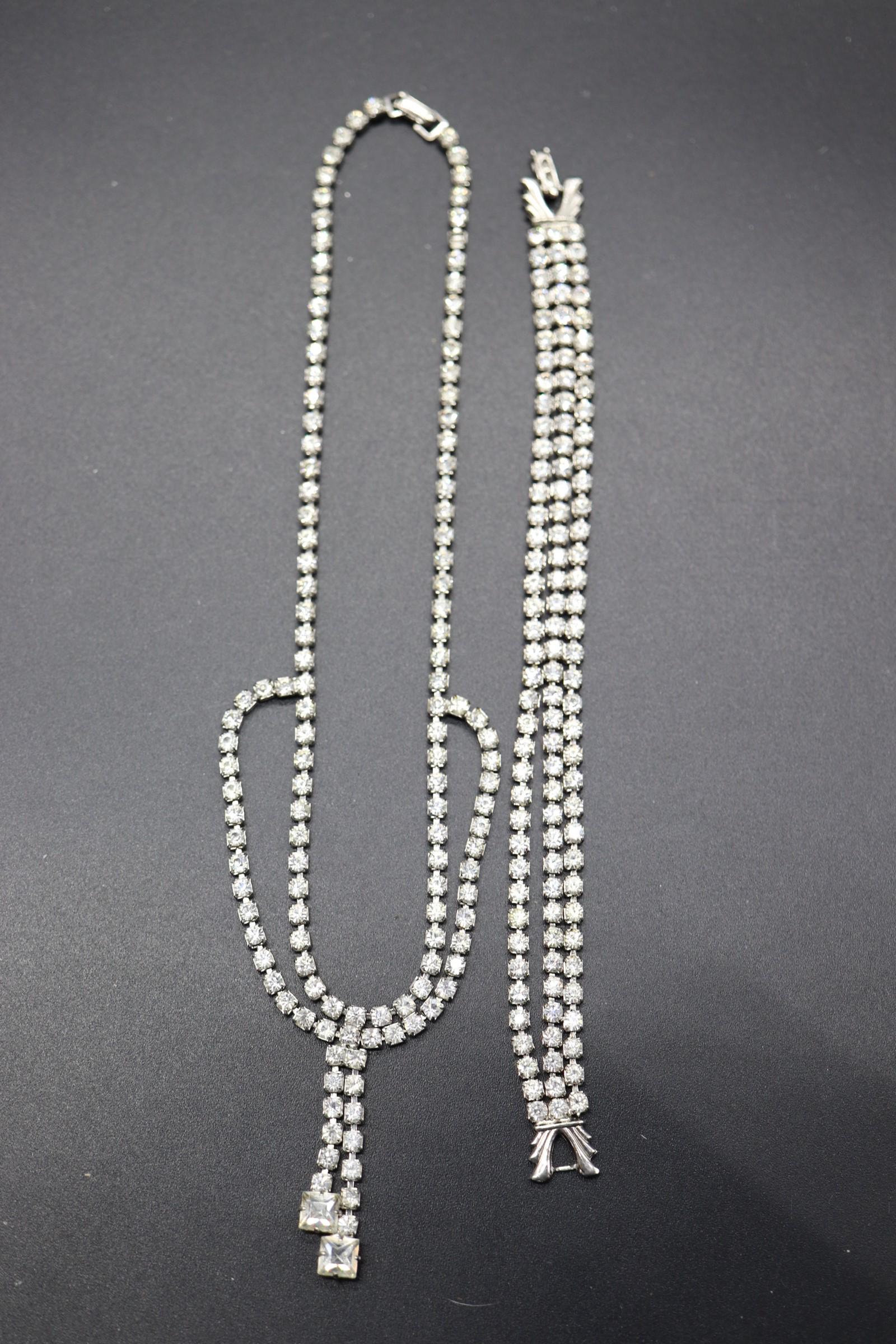Vintage Rhinestone Necklace & Bracelet: triple strand rhinestone bracelet, bid style necklace with rhinestones, double tassels