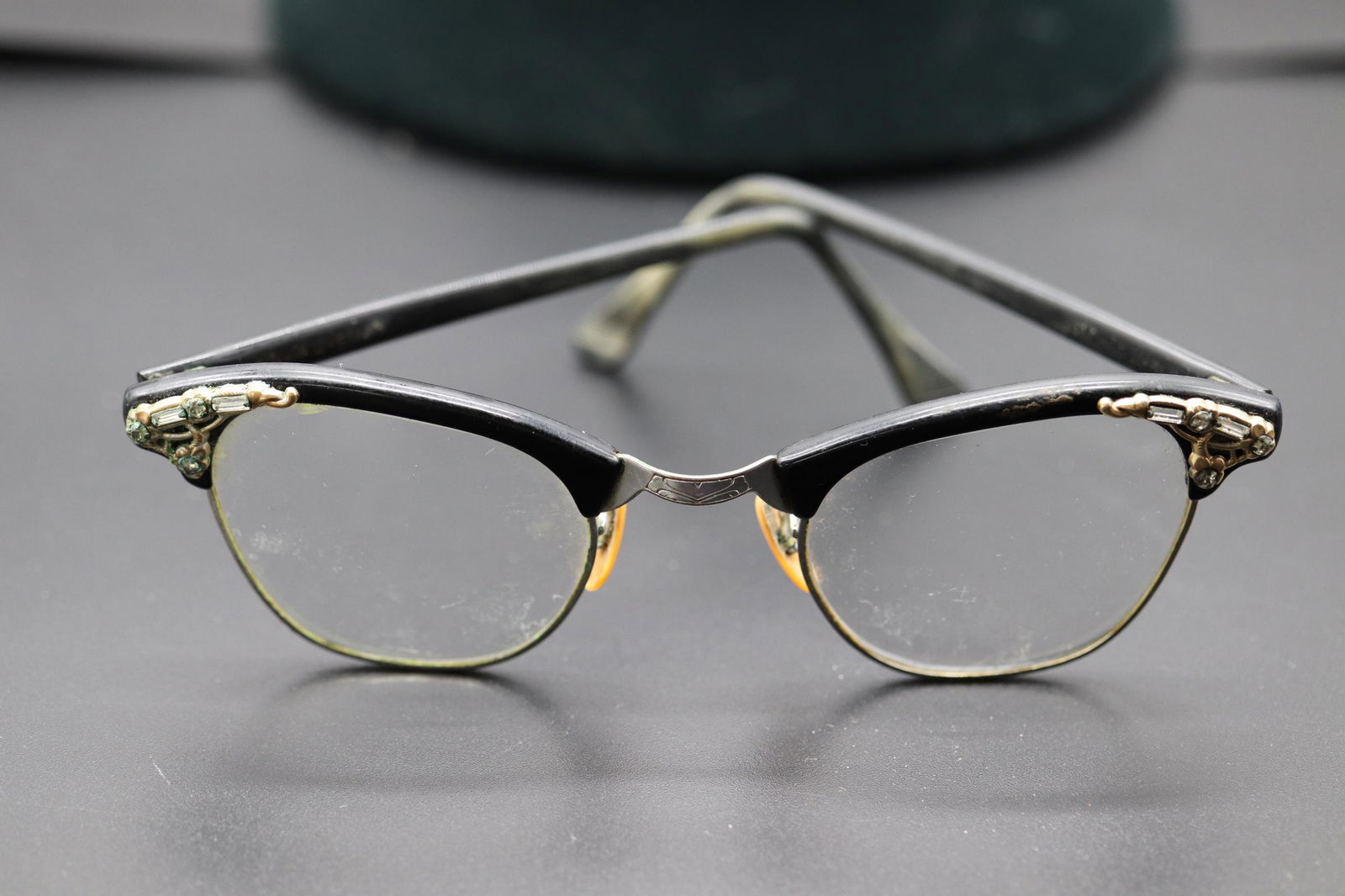 Vintage 1950's Ladies Artcraft Eyeglasses, Rhinestone &: gold filled with black frame and rhinestone and marcasite decoration, perscription eyeglasses, signed Artcraft, right side stiff hing needs cleaning