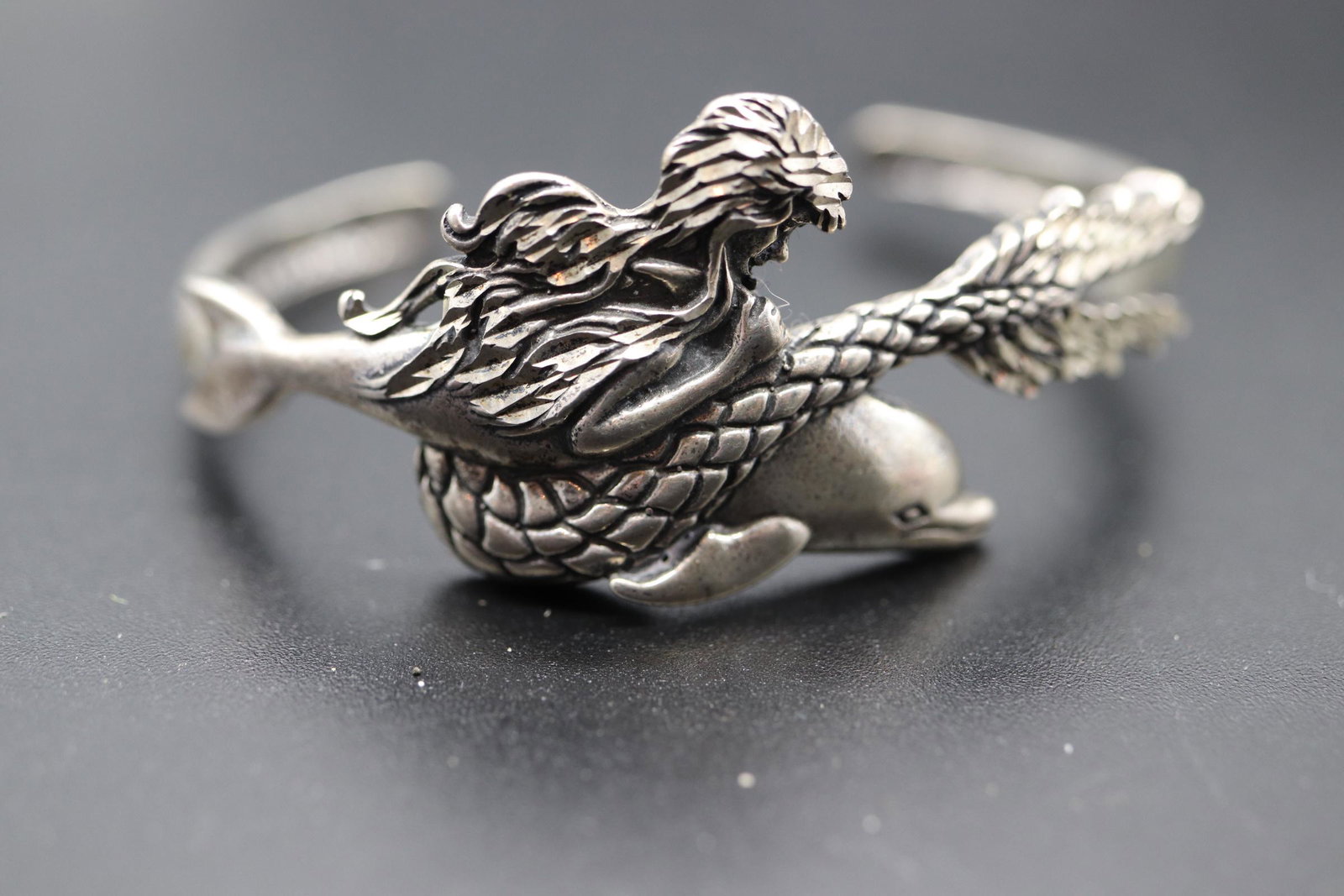 Vintage Mermaid & Dolphin Sterling Silver Cuff Bracelet: marked sterling and makers mark