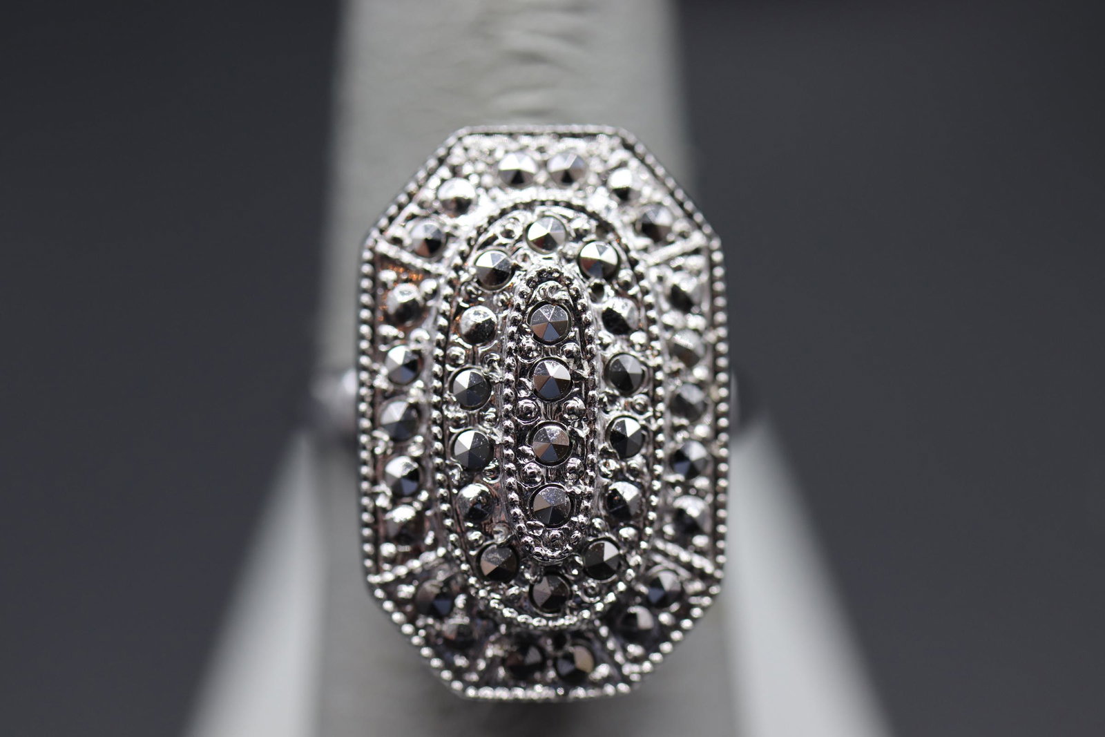 Vintage Sterling Silver & Marcasite Ring: adjustable ring, set at size 5 1/2