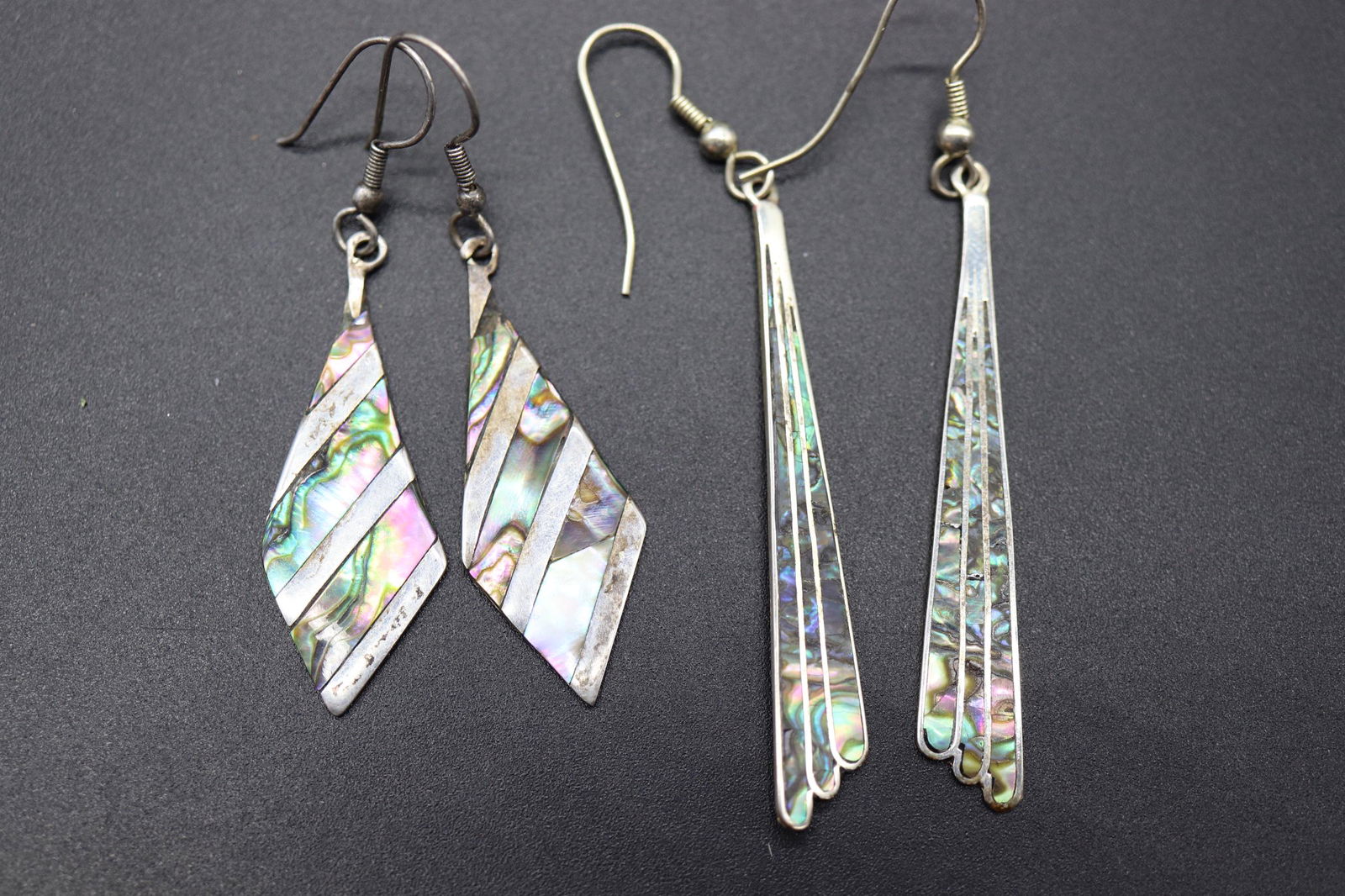 Lot of 2 Pair Mexican Alpaca Silver & Abalone Earrings: pierced dangle earrings, mexican silver and abalone