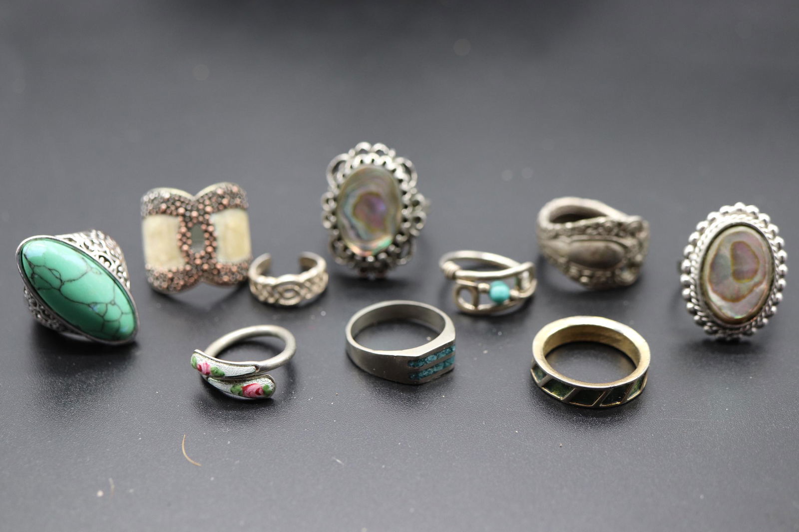 Lot of 10 Vintage Rings, Turquoise, Enamel & more: sweet rose enamel ring, turquoise rings, abalone and other, various sizes