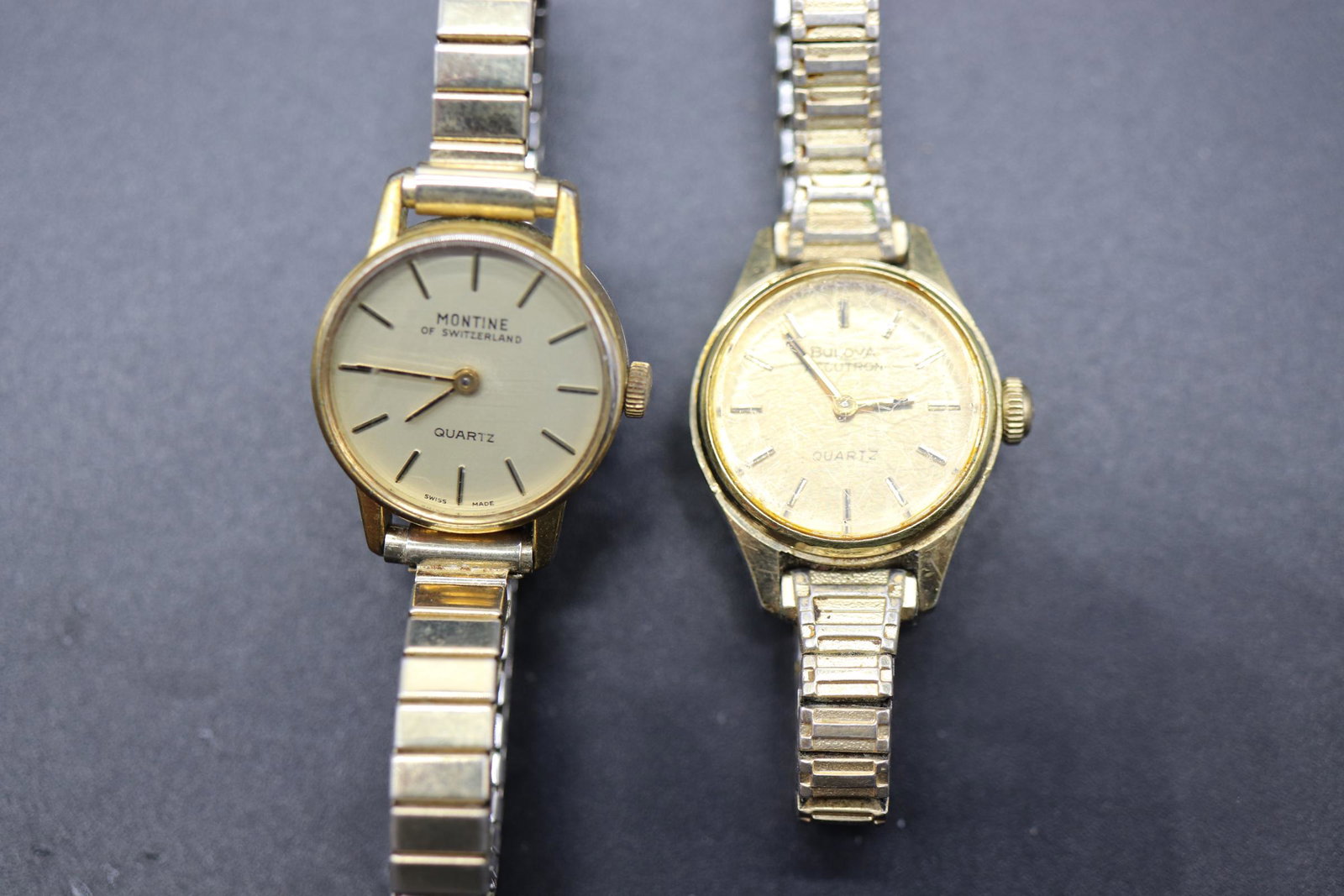 Lot of 2 Vintage Wrist Watches: Montine swiss made, Bulova 10k RGP Quartz, both with stretch bands