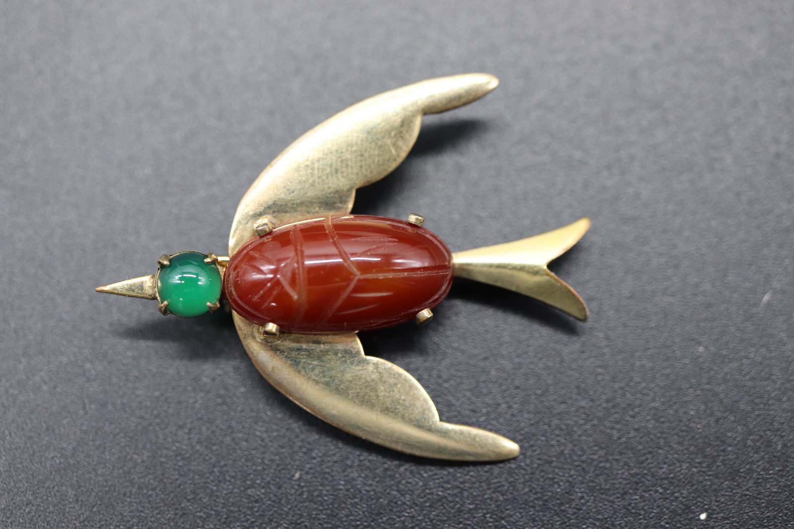 Vintage WRF Bird Scarab Brooch, Gold Filled: 12k gold filled bird brooch with large scarab stone and small green stone, approx. 2 3/4 inches