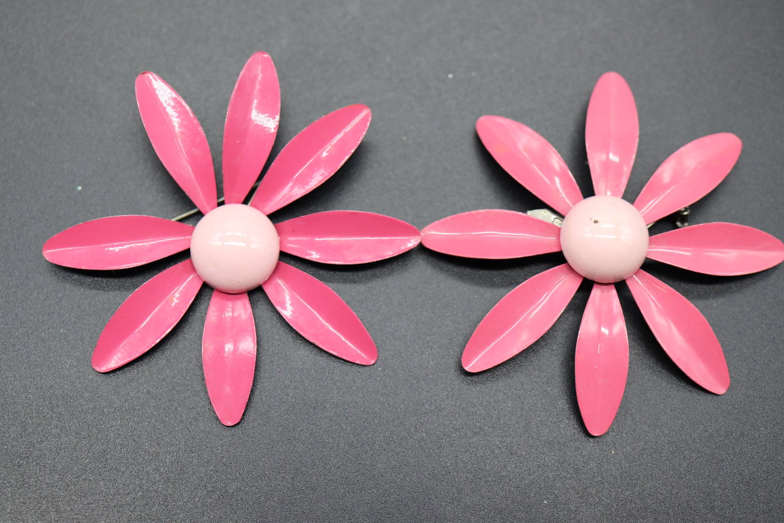 Pair of Vintage Pink Enamel Daisy Flower Brooches: dark pink petals with light pink center, approx. 2 5/8 inches each