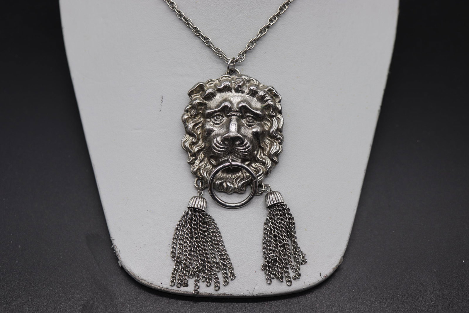 Vintage Lion Head Pendant with Tassels & Chain: great silver tone lion with hoop in mouth and hanging chain tassels, 4 inches over all, chain approx. 24 inches