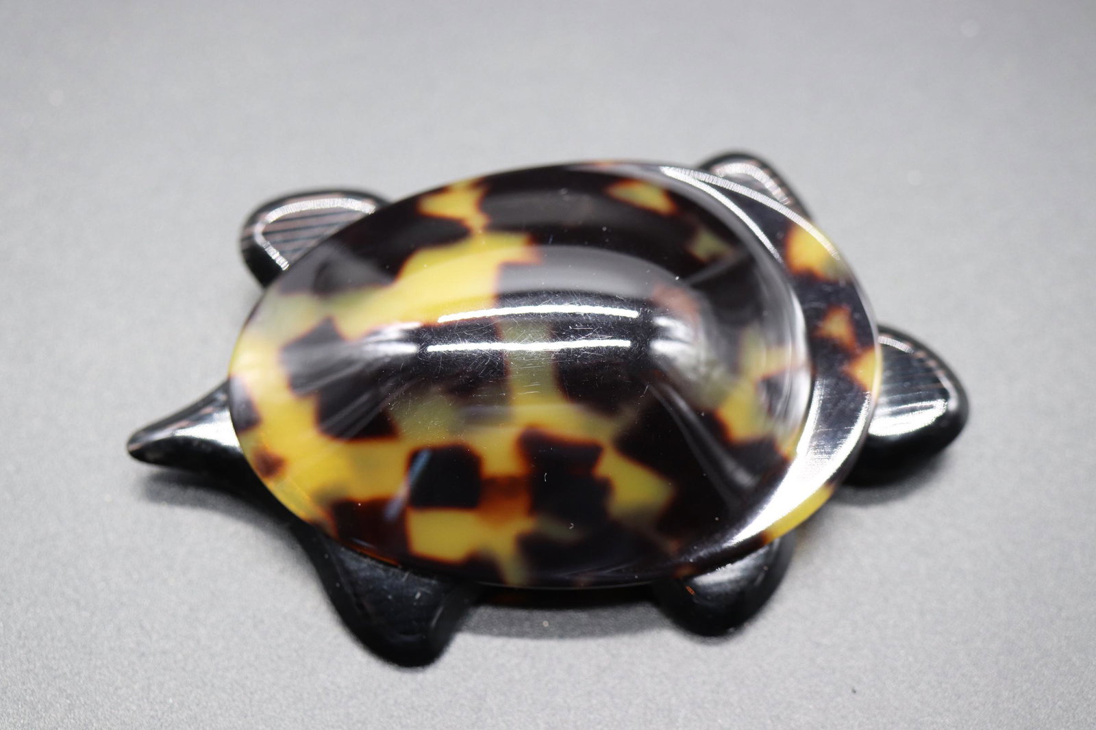 Vintage Lucite & Shell Brooch of Turtle: stripped lucite with shell top, approx. 3 1/2 inches long x 2 wide