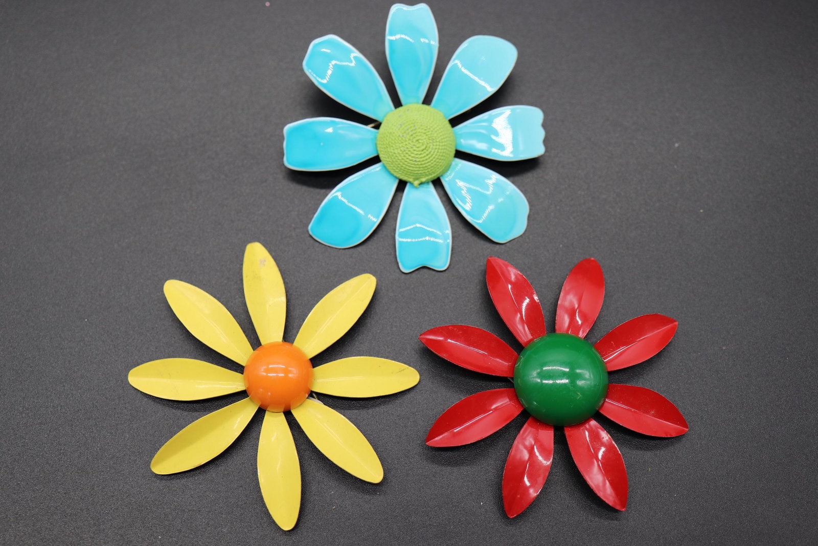 Lot of 3 Vintage Daisy Brooches: 3-D enamel painted on metal, great colorful lot