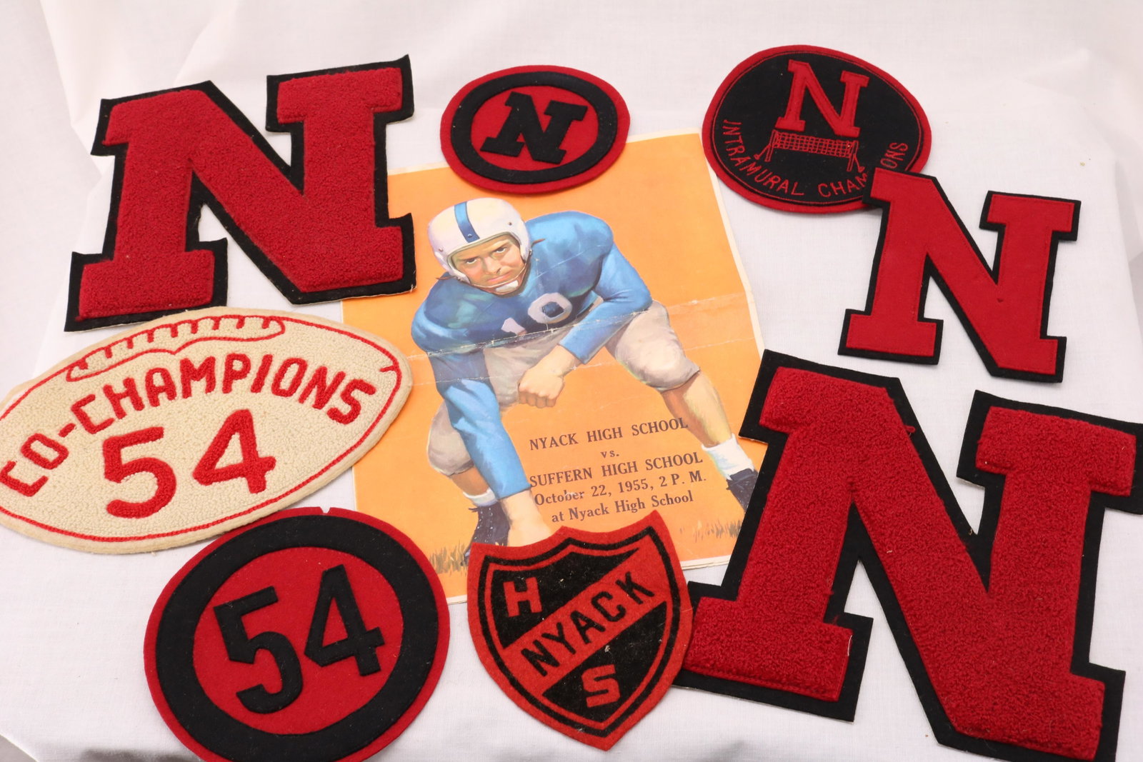 Lot of Vintage Sweater Letters, 1950's Football: nice lot of 8, letters "N", Co-champions football and number 54, including football program, wool and felt chenile, The Standard Pennant Co.