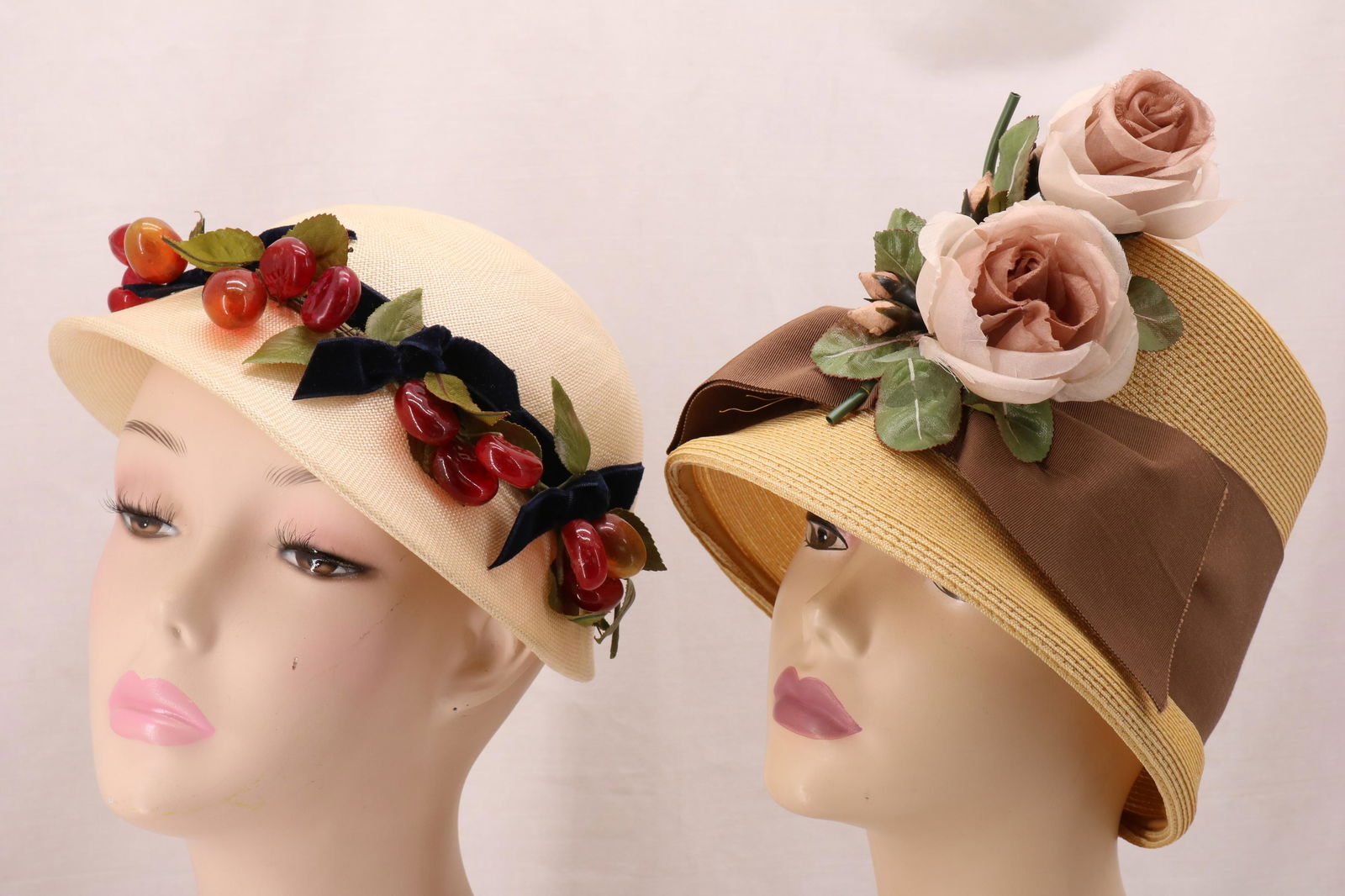 Lot of 2 Ladies Woven Wicker Hats, Mr Milton: Mr Miton with fruit decoration, unmarked beach basket style with silk roses, both in nice condition