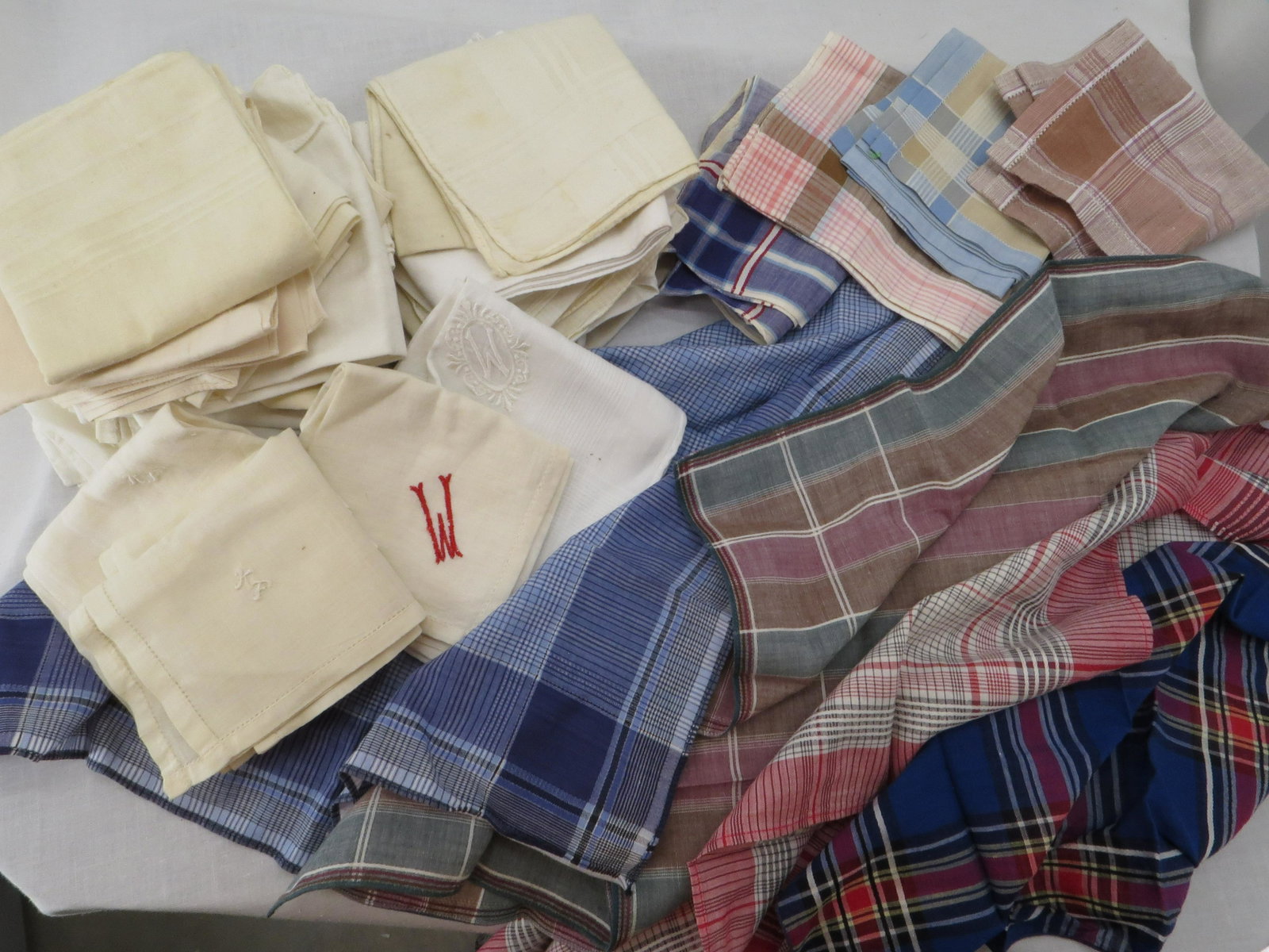 Lot of 32 Men's Vintage Hankies: some monogrammed, some printed, mostly white