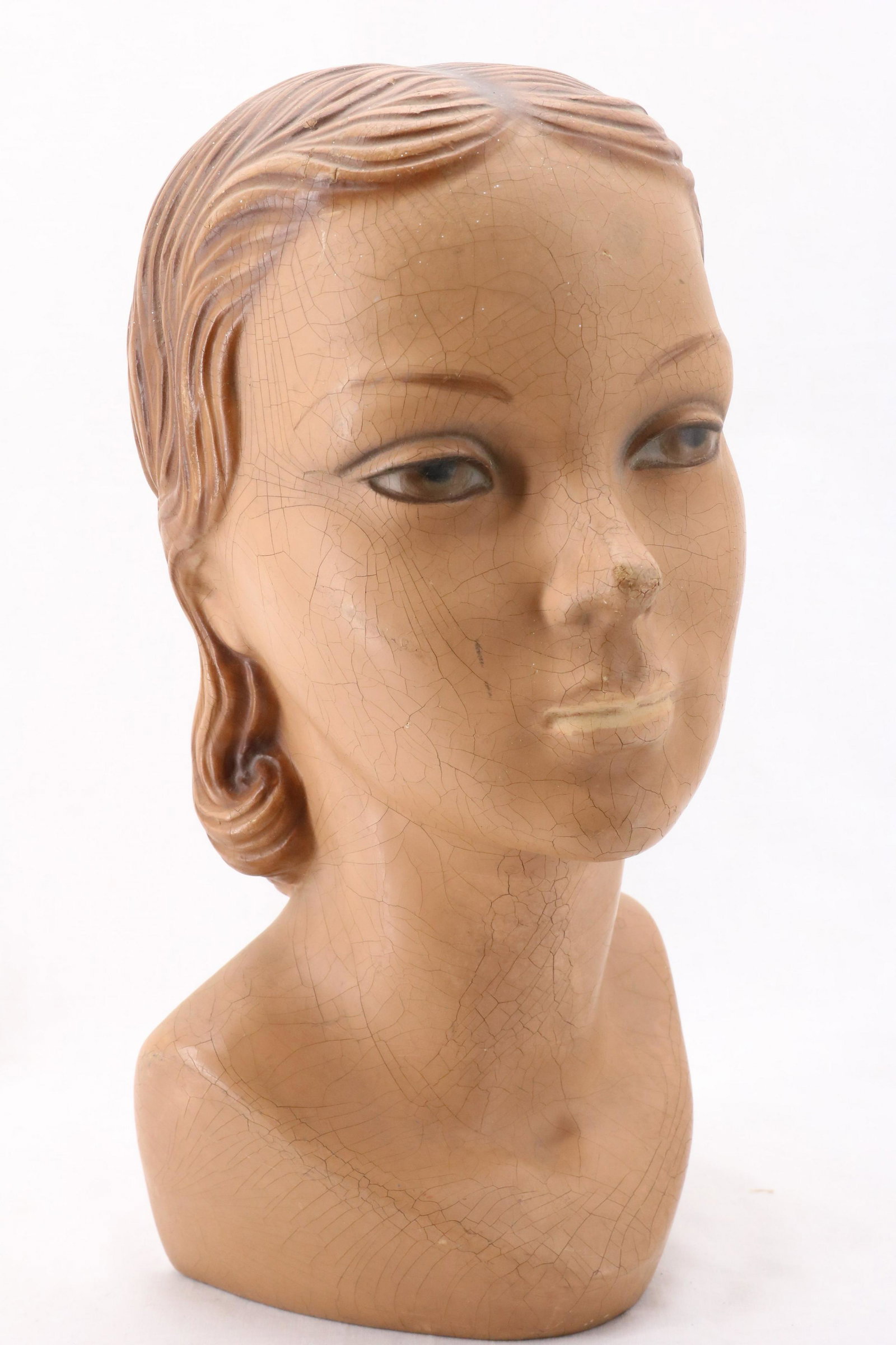 Vintage Lady Manican Head, marked WS: old hard rubber, some crazing throughout, approx. 14 inches tall