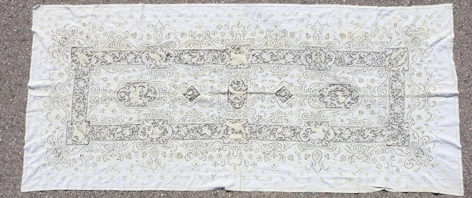 Antique Italian Lace Medeira Table Runner, Figural: great winged lion and animals, fabulous piece with tons of detail, approx. 92 x 42, needs some repair, see photo's