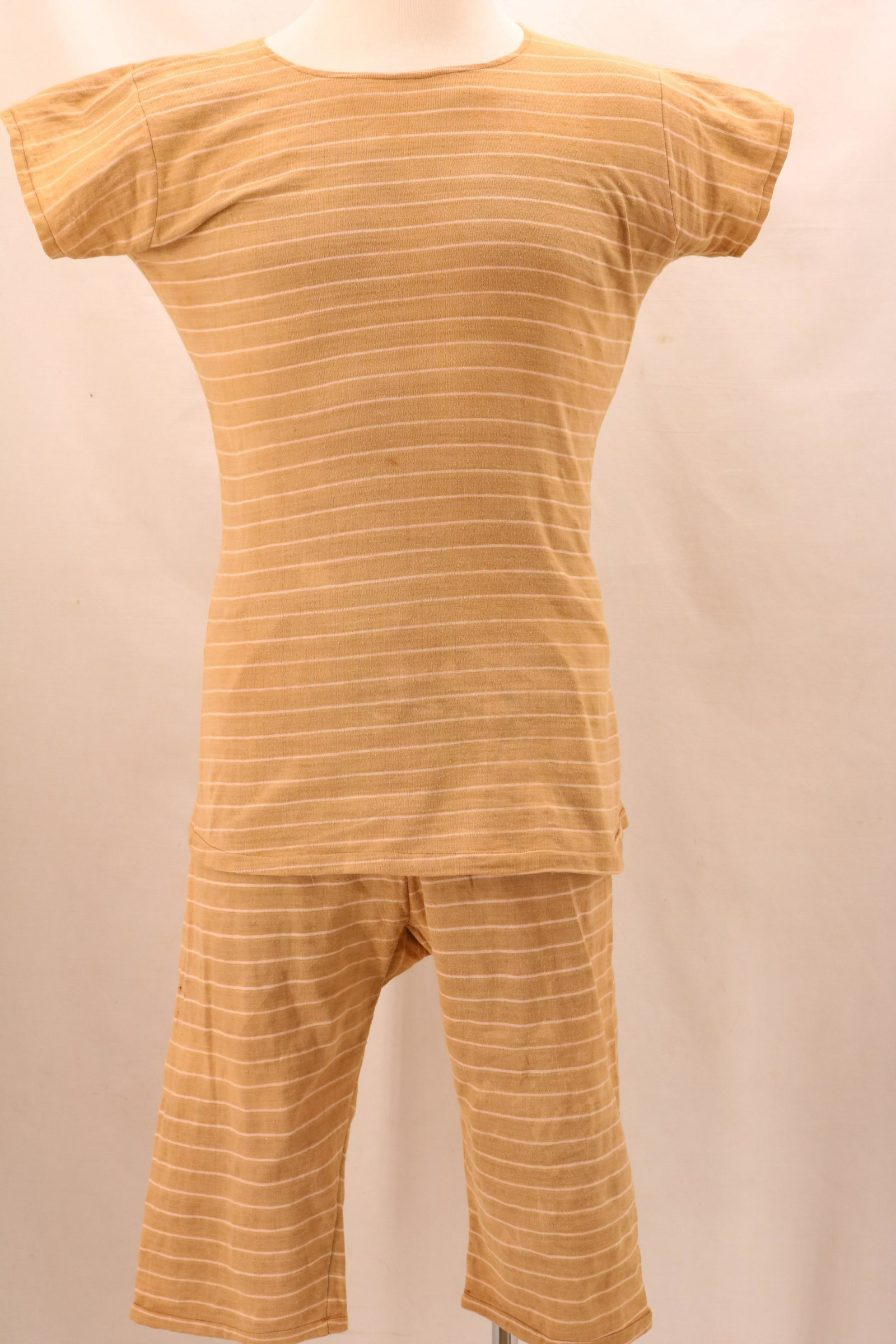 Vintage Cotton Stripe 2 Piece Bathing Swim Suit: Vintage Cotton Stripe 2 Piece Bathing Swim Suit. Approximate measurements: Bust 17" , Drawstring waist expands to 34", Bottoms inseam 13". There are holes in the back of the top and on the front right