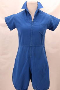 Vintage 1950's Cotton School Gym Suit Romper: Vintage 1950's Cotton School Gym Suit Romper in cobalt blue with elastic cinched leg openings. This suit apparently belonged to a young woman named Marisa Paraino as her name is stenciled on the back