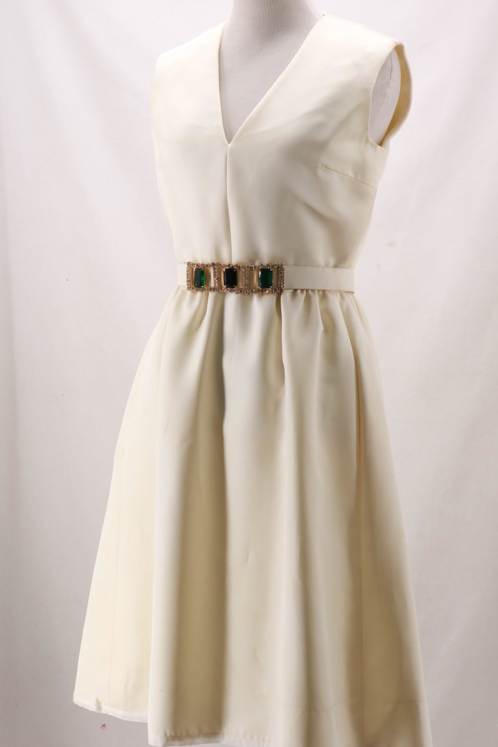 Vintage 1960's White Satin MISS CATES of DENVER: Vintage 1960's White Satin MISS CATES of DENVER Cocktail Dress with beaded and rhinestone accent matching belt. Other labels: CARLYE and GENUINE SIBONNE! LINING. A few minor spots and in overall very 