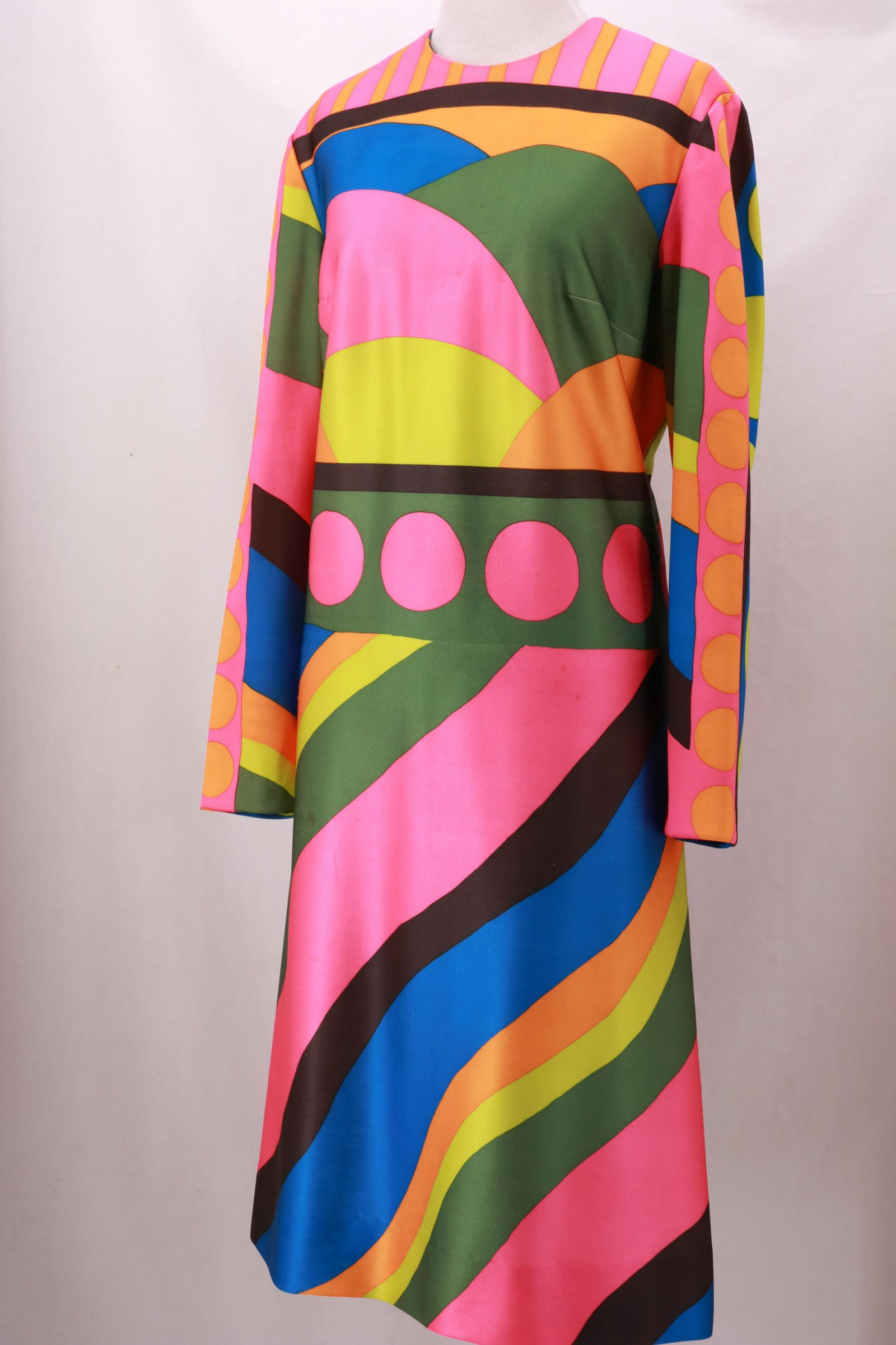 Vintage 1960's Polyester WESTBURY FASHIONS Groovy Dress: Vintage 1960's Polyester WESTBURY FASHIONS. Fabulous period colors and mod lines. There are some spots on the front of this dress- see photos. Bust 40", Waist 36", length 41" from center shoulder seam