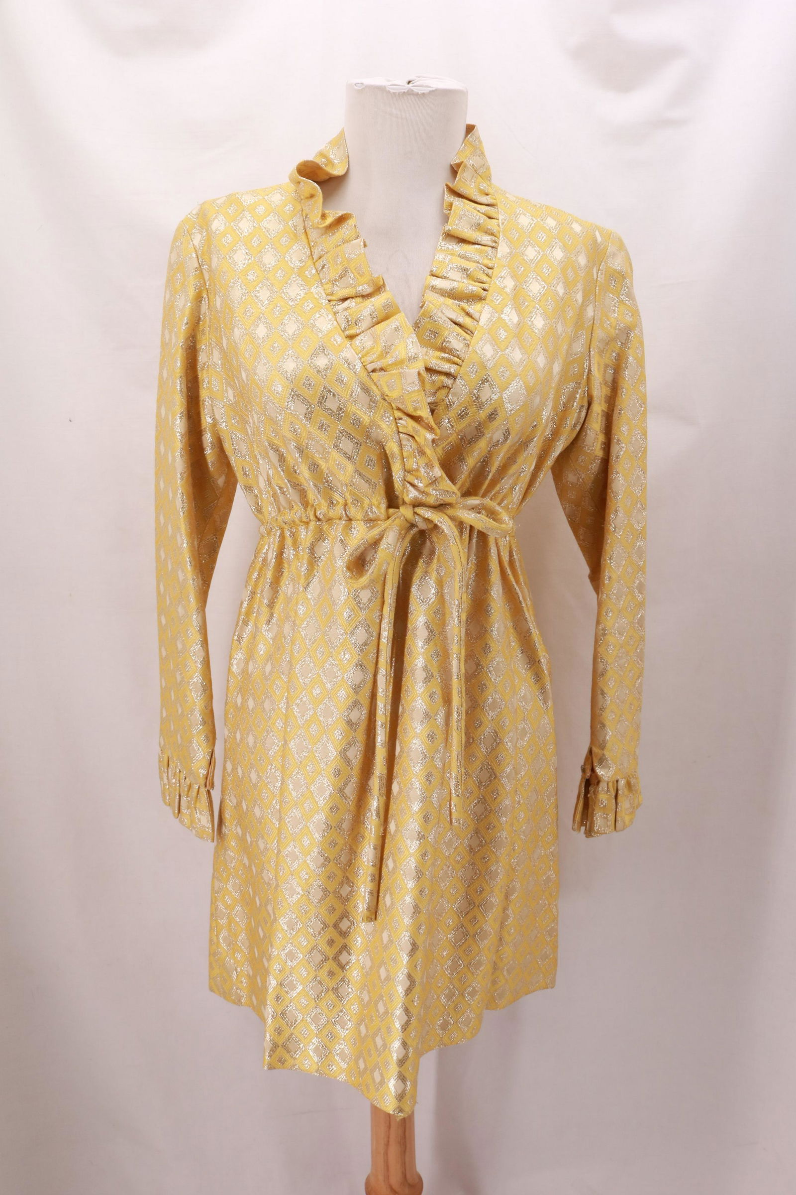 Vintage 1960's Gold Thread Jacquard Diamond Mini Dress: Vintage 1960's Gold Thread Jacquard Diamond Mini Dress. This textile is stunning and the condition is remarkable. Ruffle accent at collar and cuffs. Waist can be cinched with matching fabric belt. App