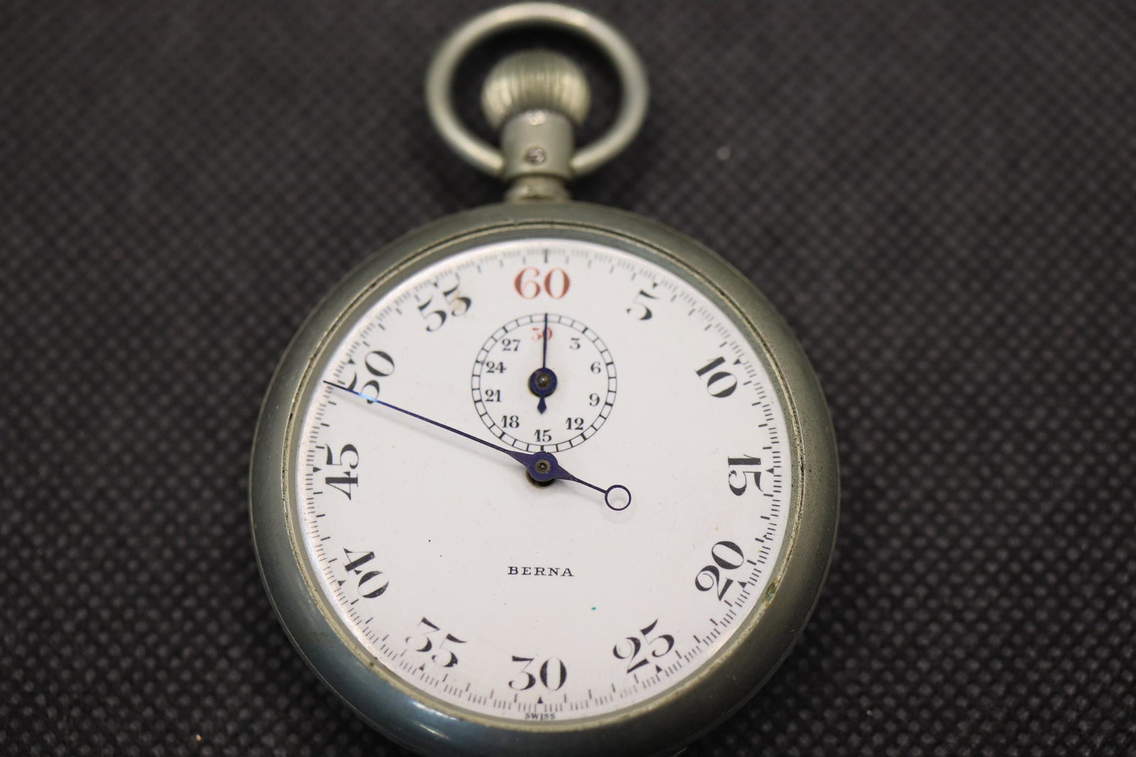 Vintage Berna Stop Watch: silver tone case, missing glass front, approx. 2 x 2 3/4 over all height