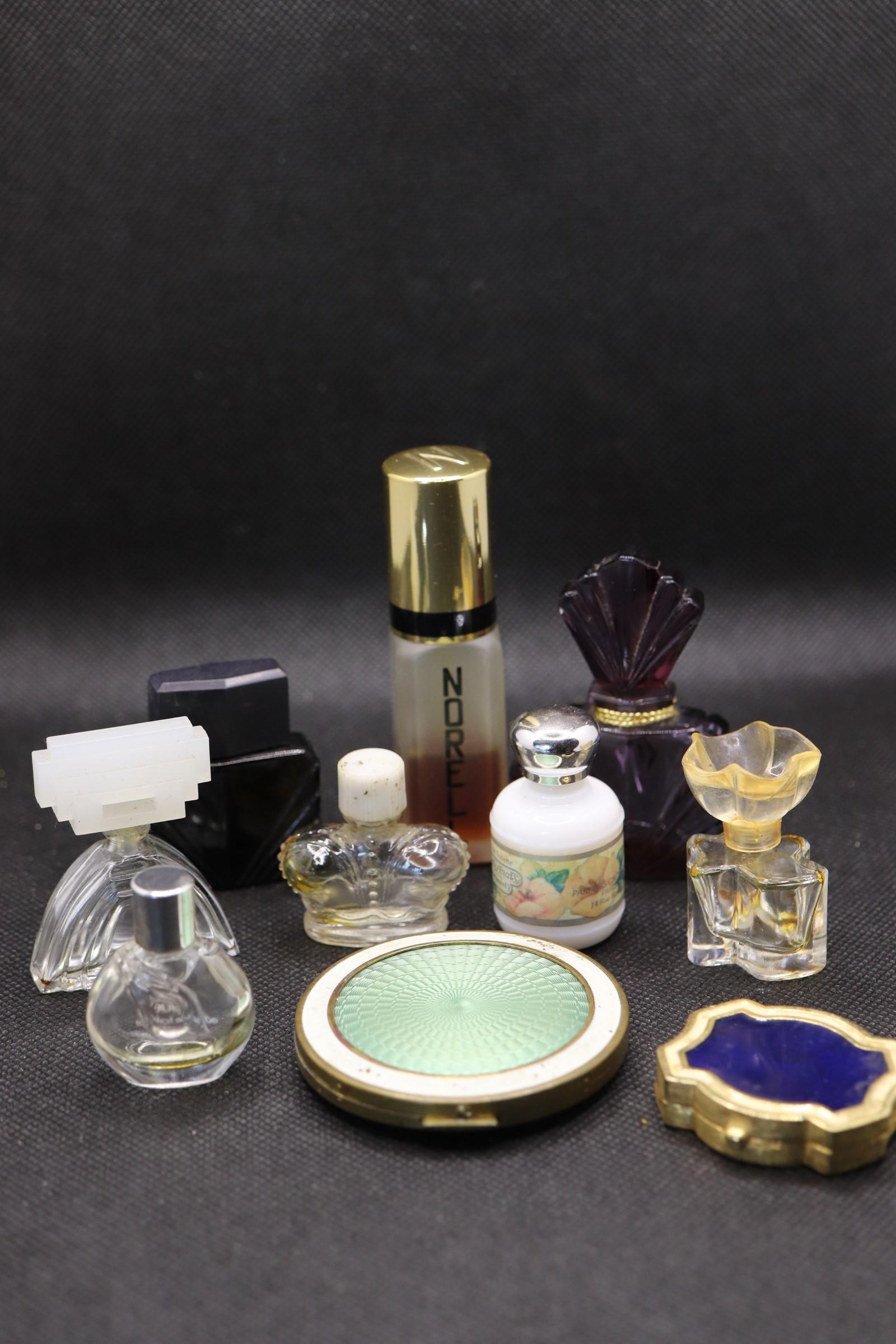 Lot of Vintage Compacts, Perfumes & Bottles: enameled powder compact, Estee lauder small perfume compact, perfumes and decorative perfume bottles
